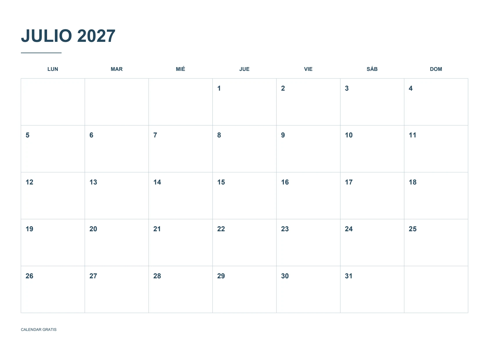 Calendario de julio de 2027, cuadrícula clásica, azul marino, A4 horizontal, inicio en lunes.