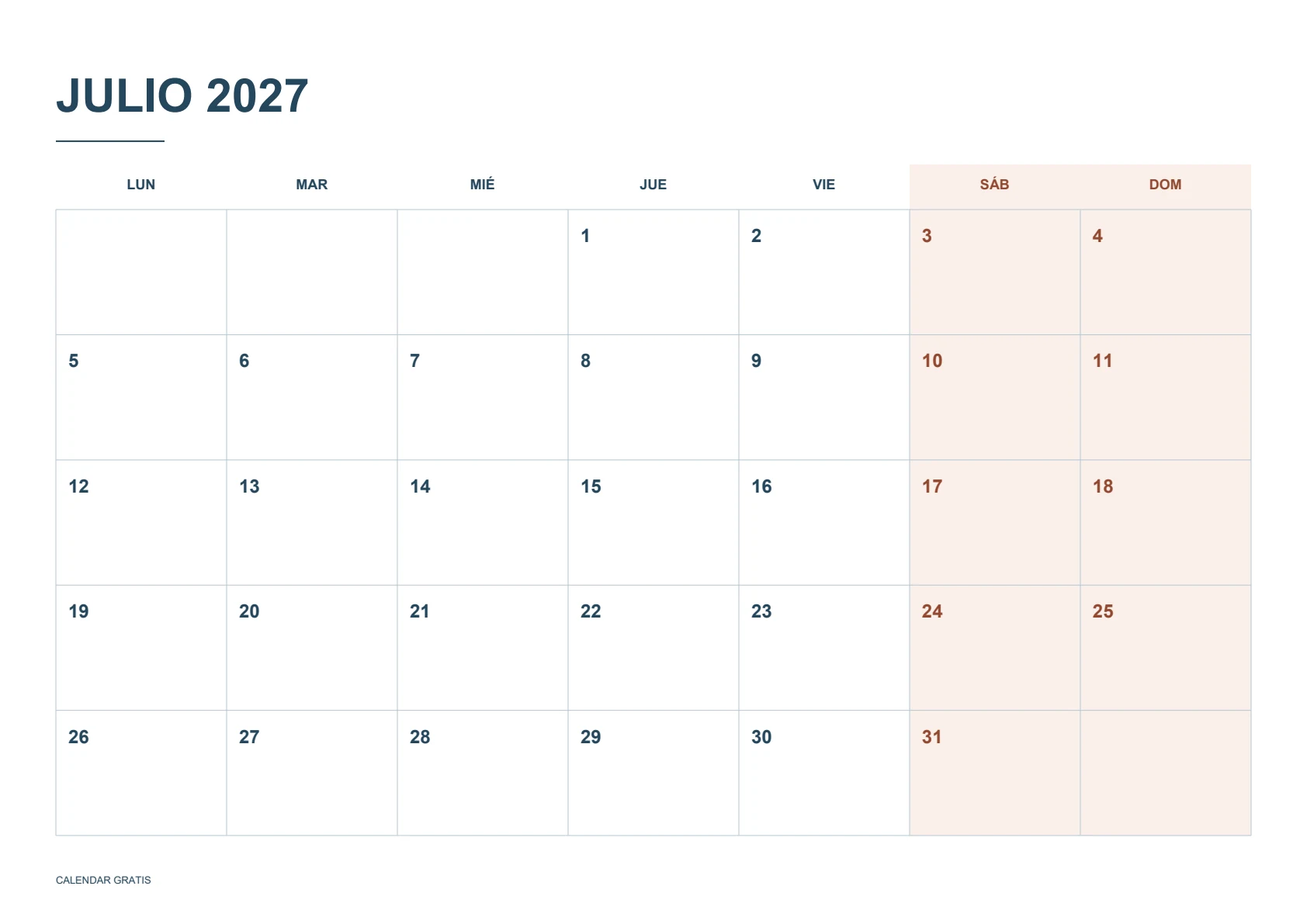 Calendario de julio de 2027, fines de semana destacados, azul marino con fines de semana en terracota, A4 horizontal, inicio en lunes.