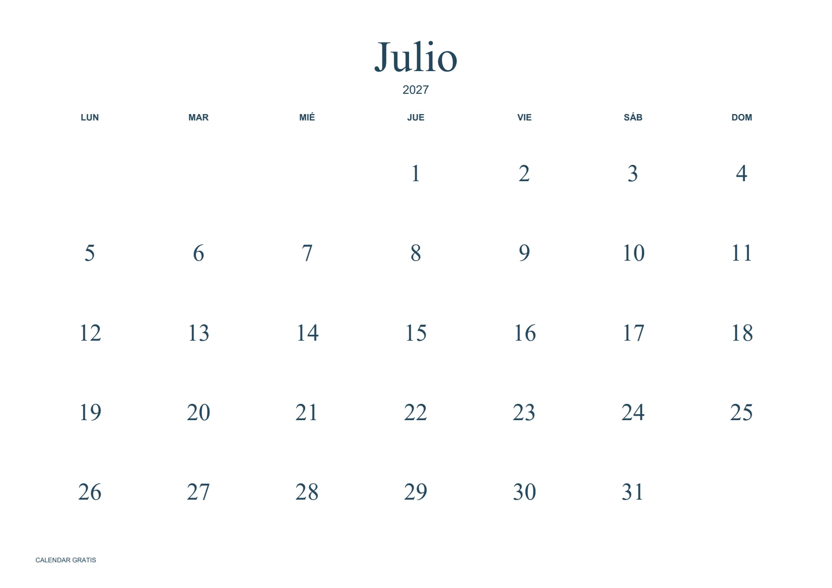 Calendario de julio de 2027, minimalista sin bordes, azul marino, A4 horizontal, inicio en lunes.