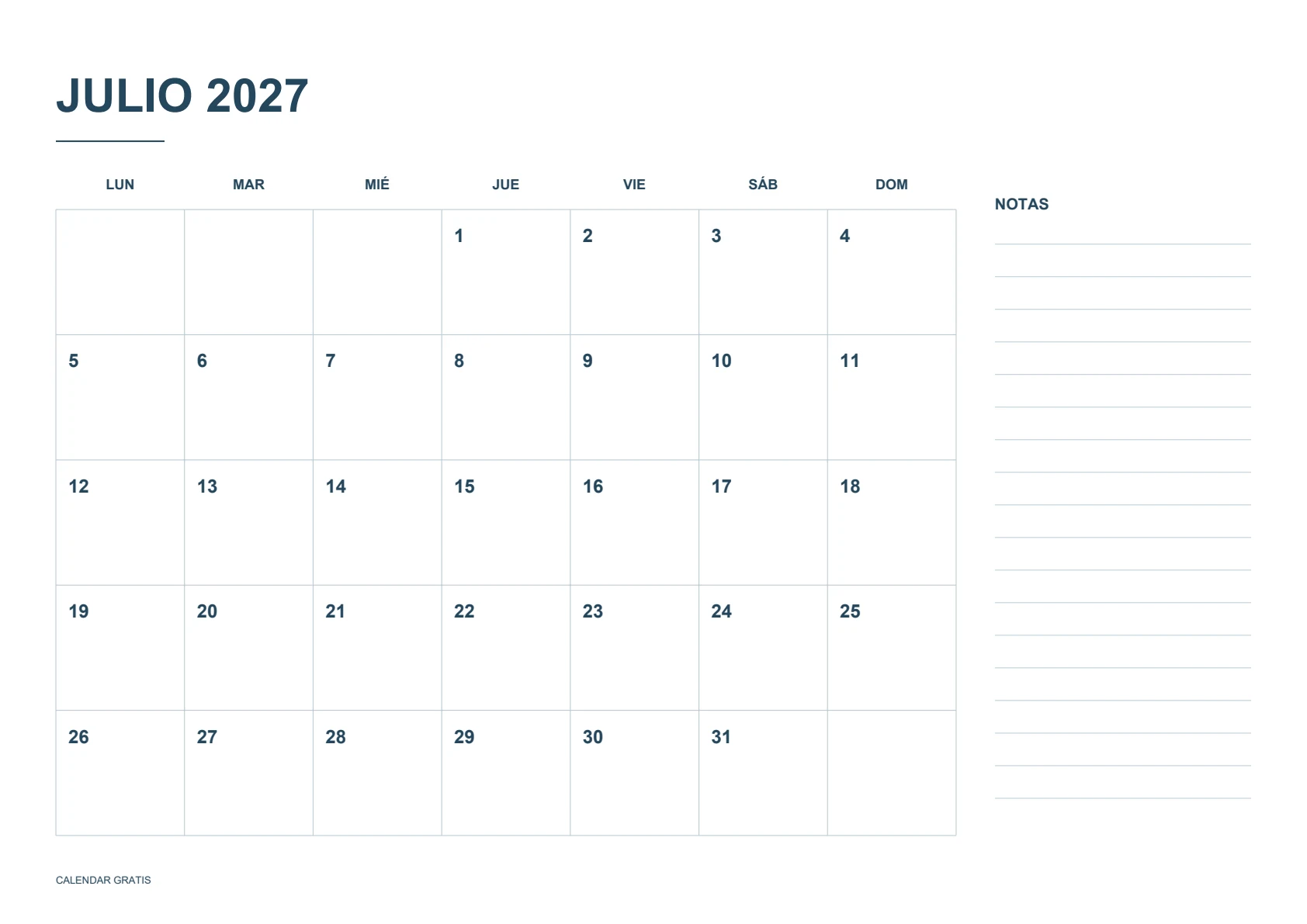 Calendario de julio de 2027, calendario con notas, azul marino, A4 horizontal, inicio en lunes.