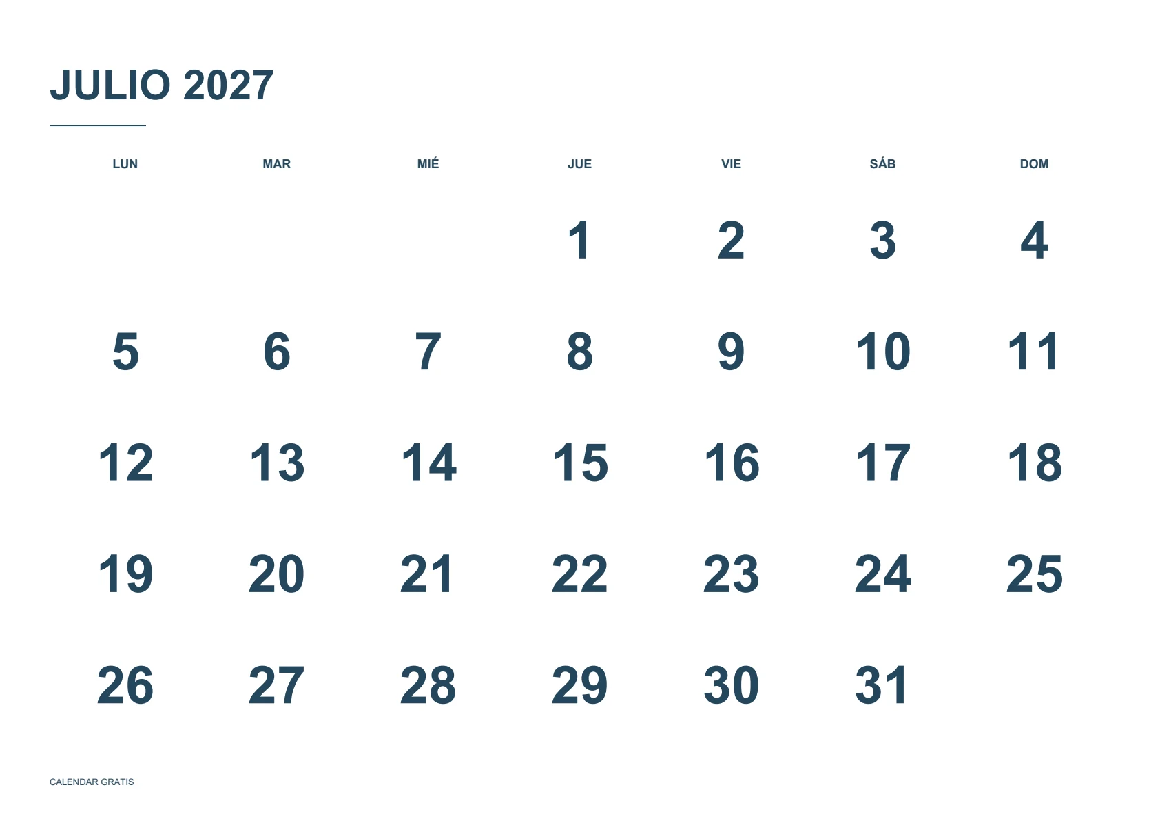 Calendario de julio de 2027, números grandes, azul marino, A4 horizontal, inicio en lunes.