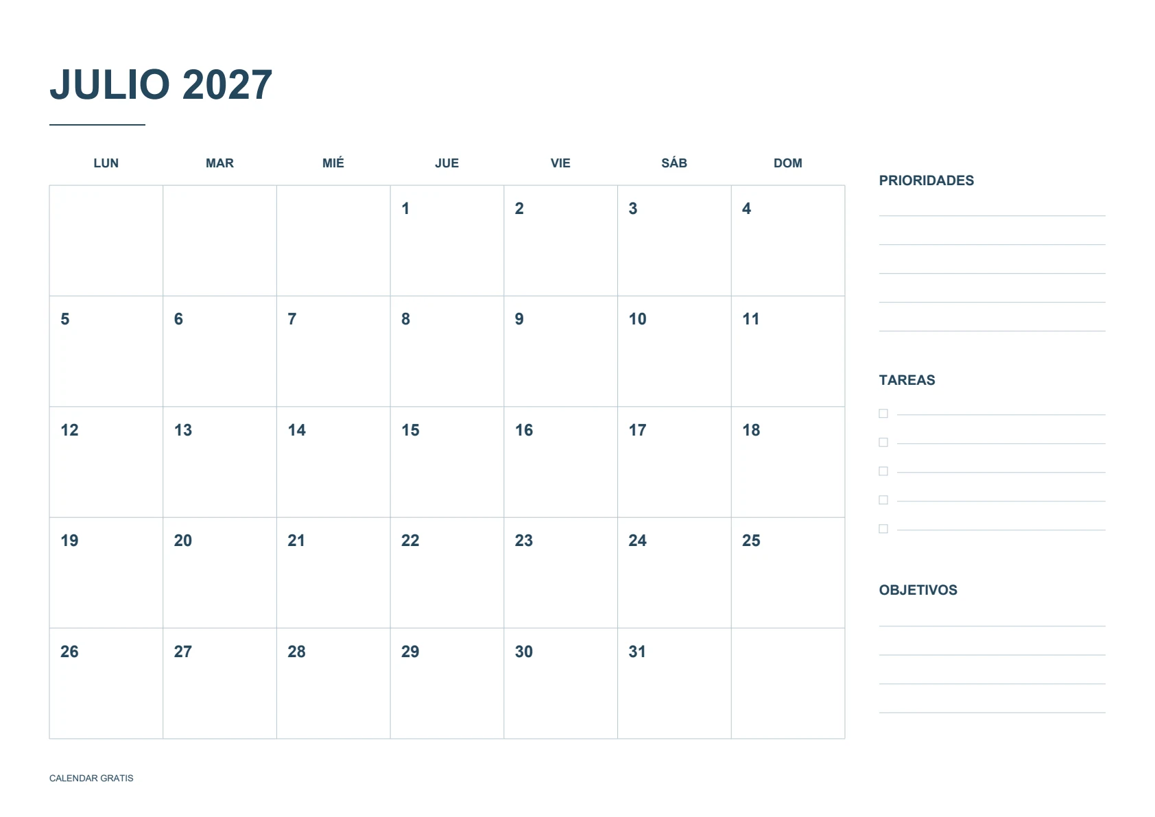 Calendario de julio de 2027, planificador mensual, azul marino, A4 horizontal, inicio en lunes.