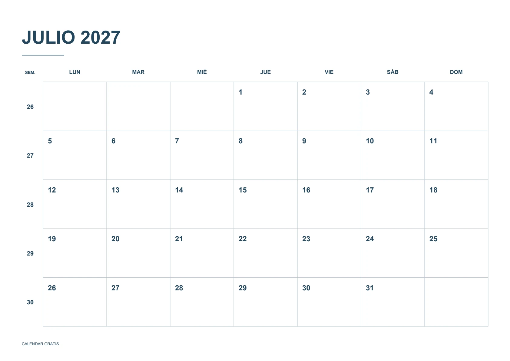 Calendario de julio de 2027, calendario con semanas numeradas, azul marino, A4 horizontal, inicio en lunes.