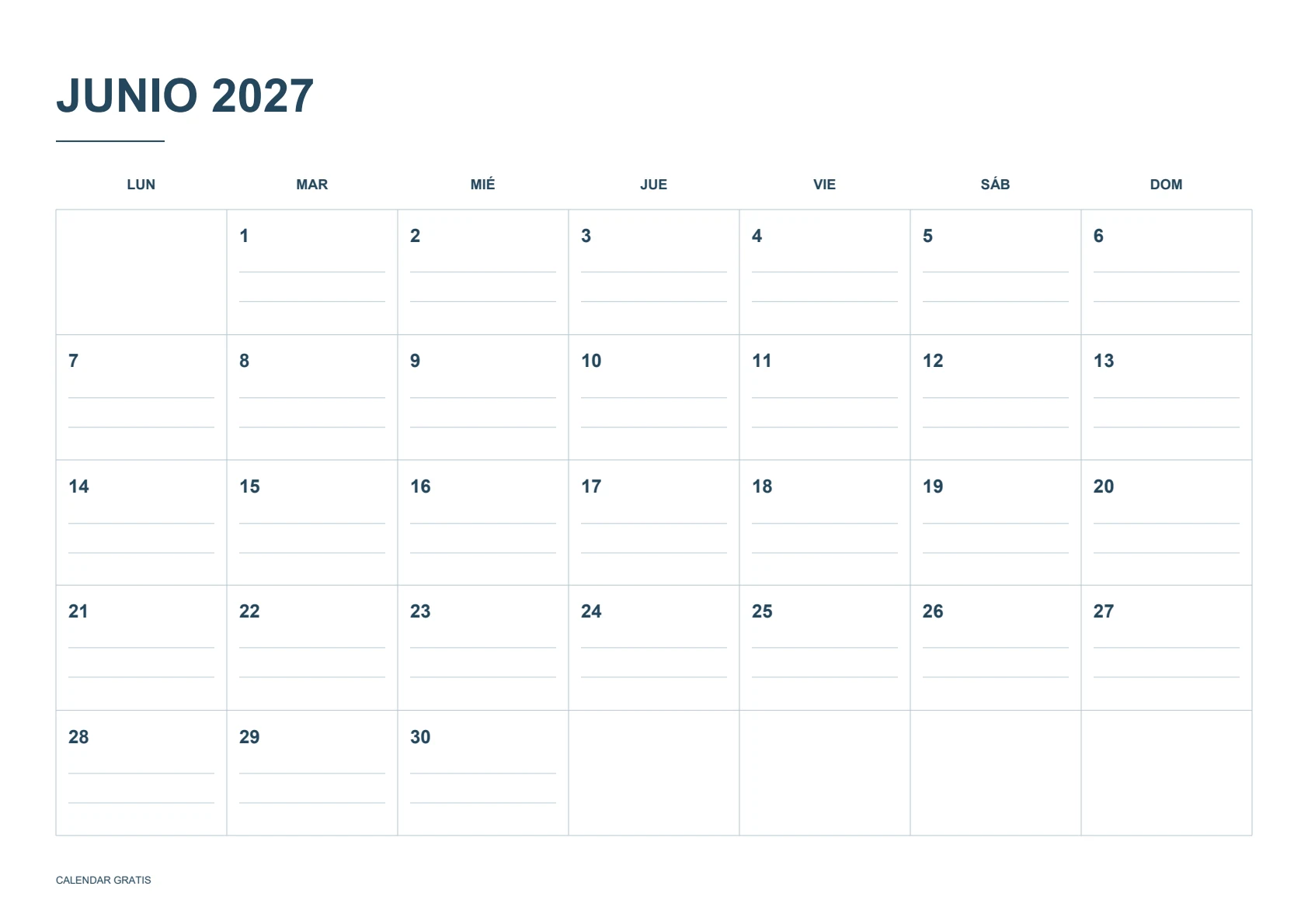 Calendario de junio de 2027, casillas con líneas, azul marino, A4 horizontal, inicio en lunes.