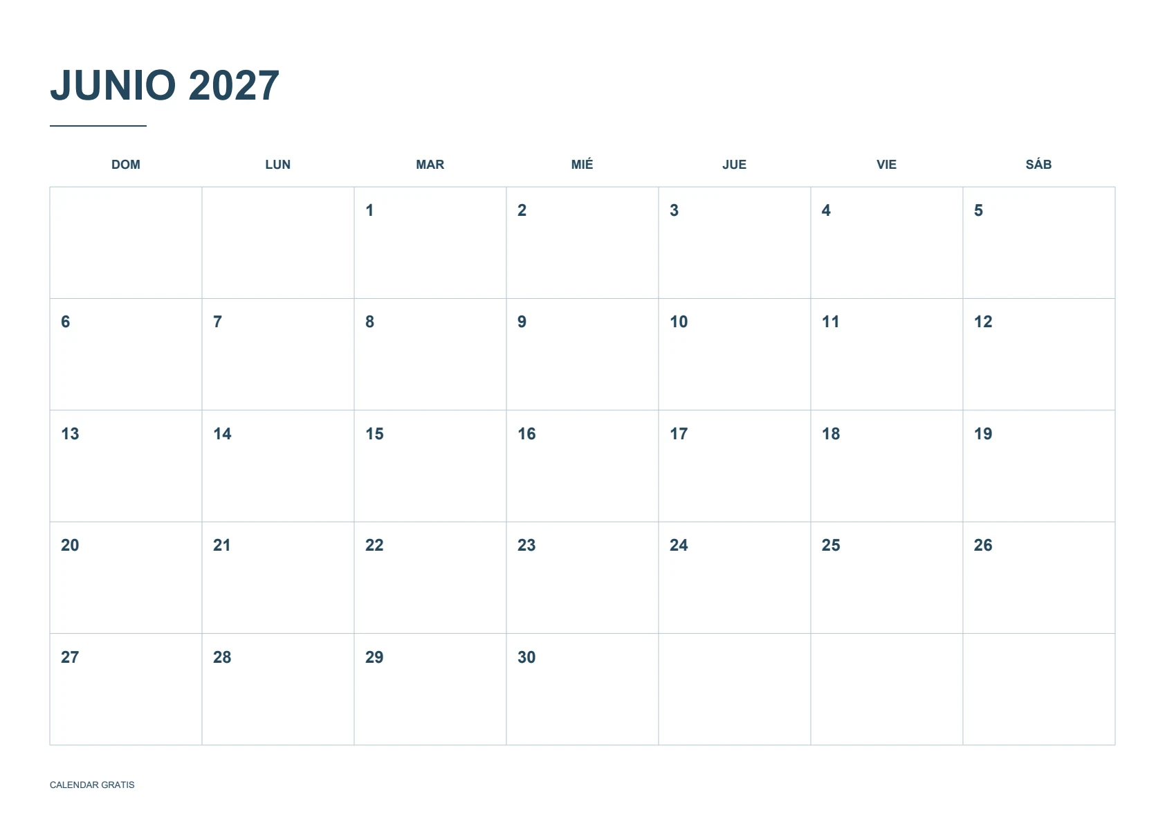 Calendario de junio de 2027, cuadrícula clásica, azul marino, A4 horizontal, inicio en domingo.