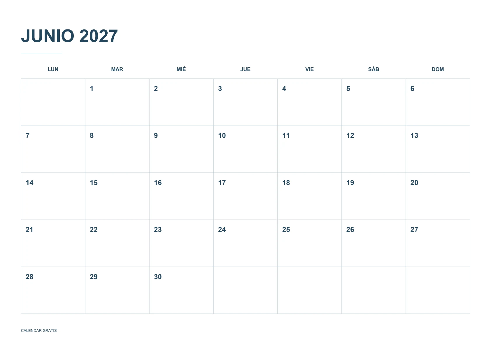 Calendario de junio de 2027, cuadrícula clásica, azul marino, A4 horizontal, inicio en lunes.
