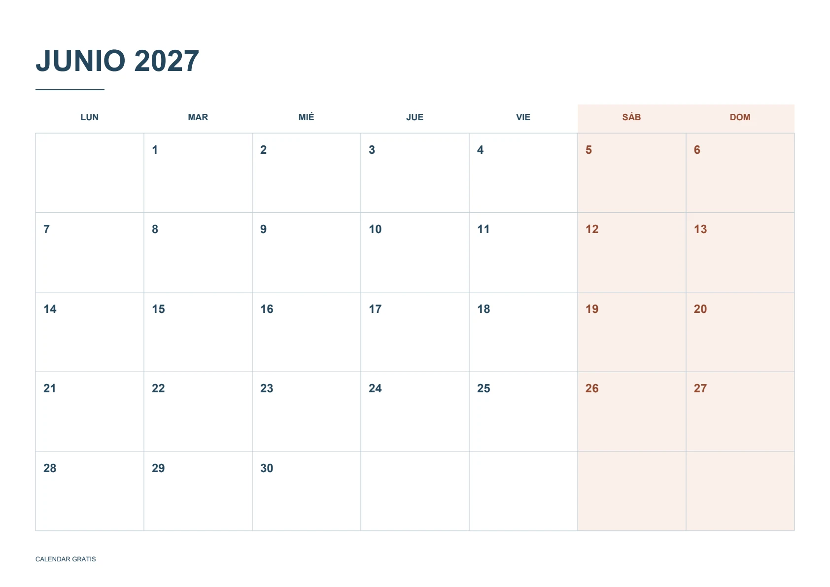 Calendario de junio de 2027, fines de semana destacados, azul marino con fines de semana en terracota, A4 horizontal, inicio en lunes.