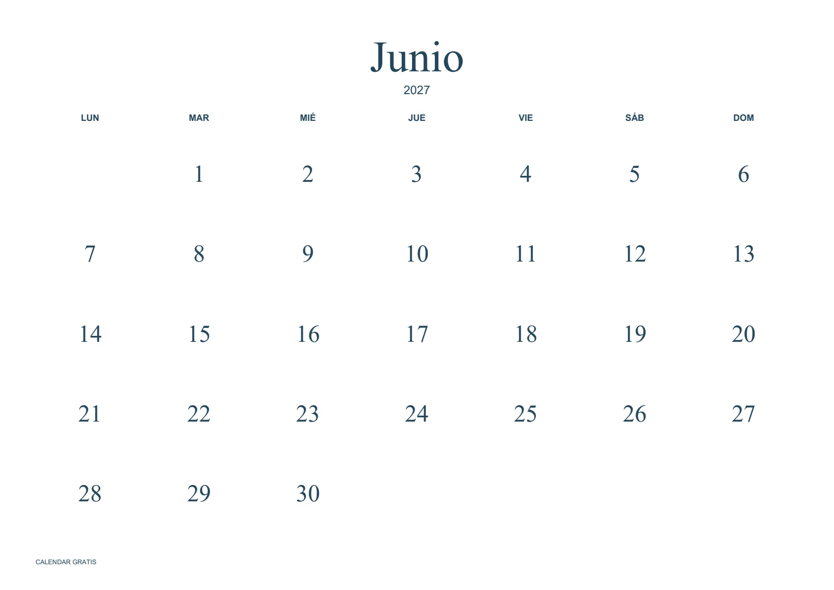Calendario de junio de 2027, minimalista sin bordes, azul marino, A4 horizontal, inicio en lunes.