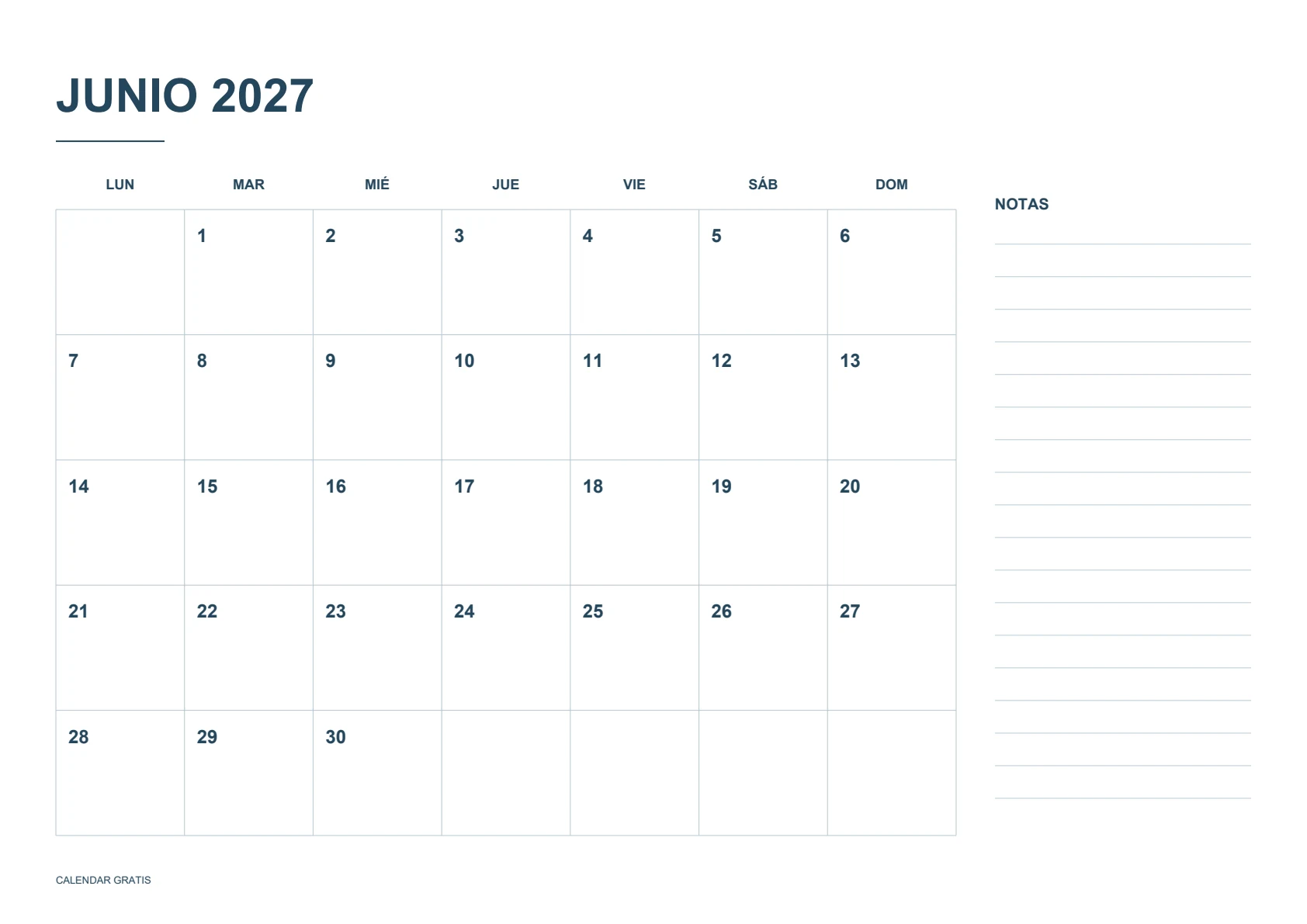 Calendario de junio de 2027, calendario con notas, azul marino, A4 horizontal, inicio en lunes.