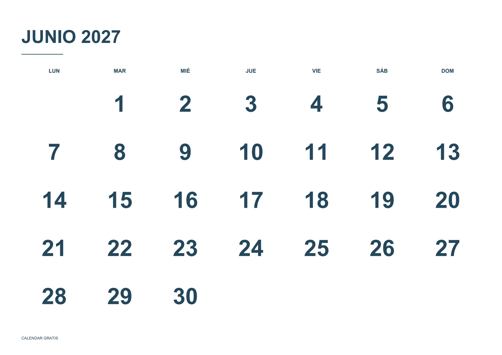 Calendario de junio de 2027, números grandes, azul marino, A4 horizontal, inicio en lunes.