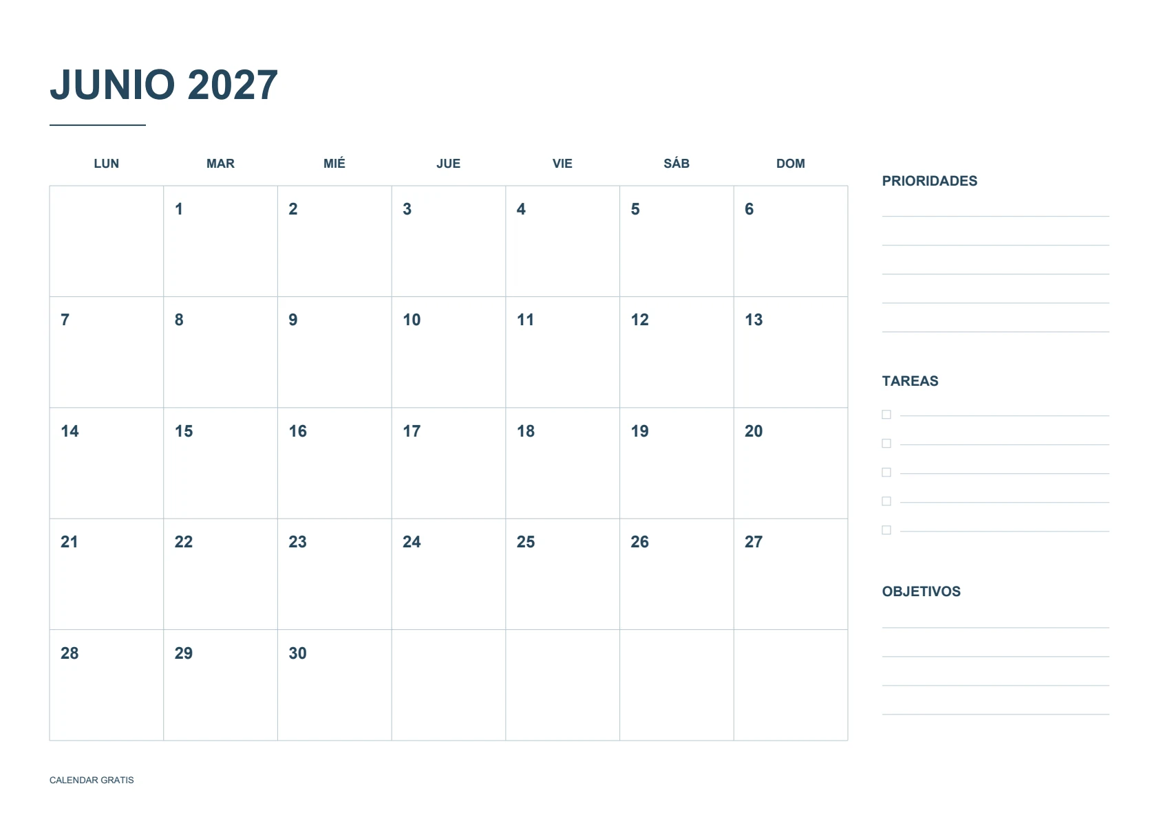 Calendario de junio de 2027, planificador mensual, azul marino, A4 horizontal, inicio en lunes.