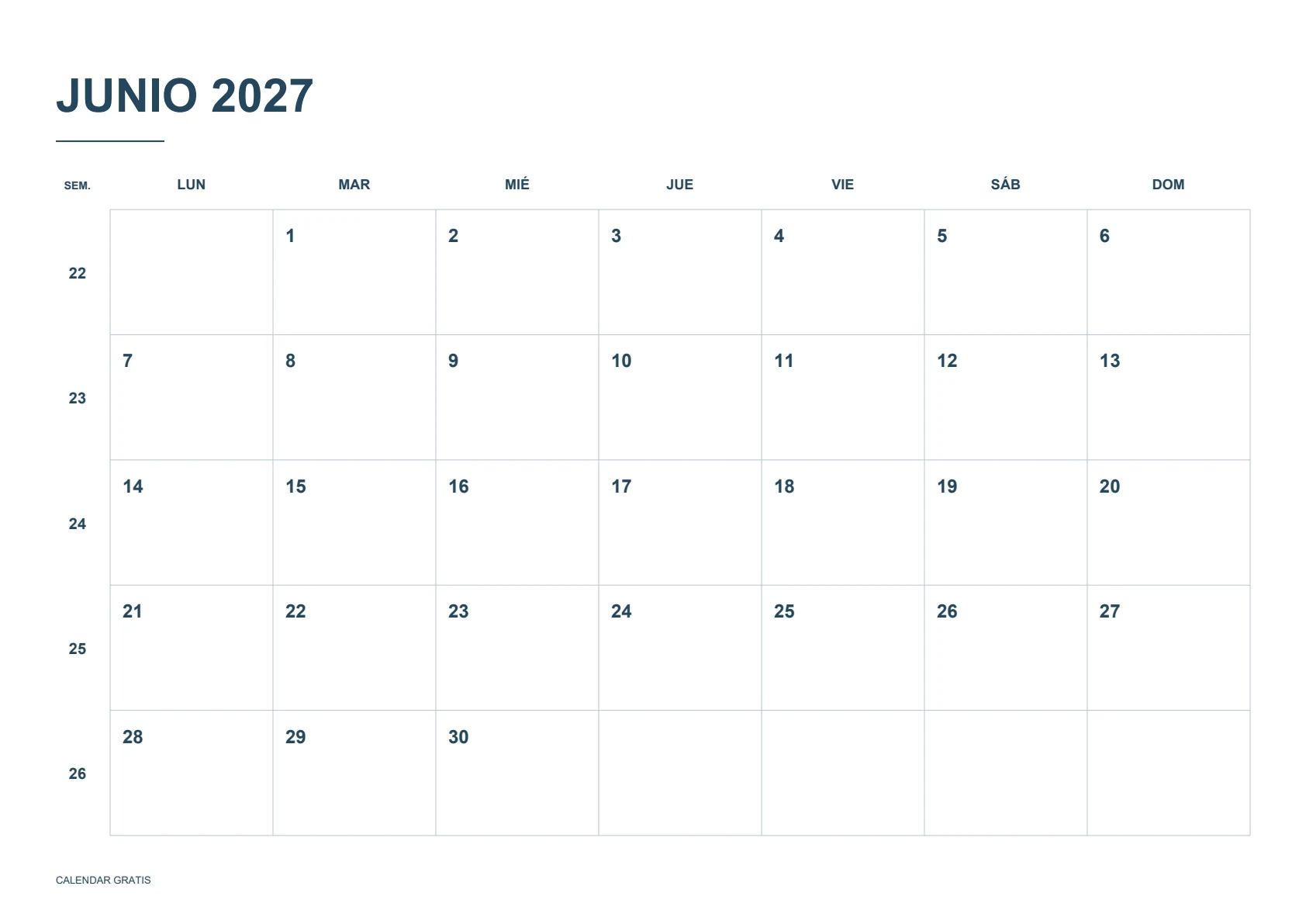 Calendario de junio de 2027, calendario con semanas numeradas, azul marino, A4 horizontal, inicio en lunes.