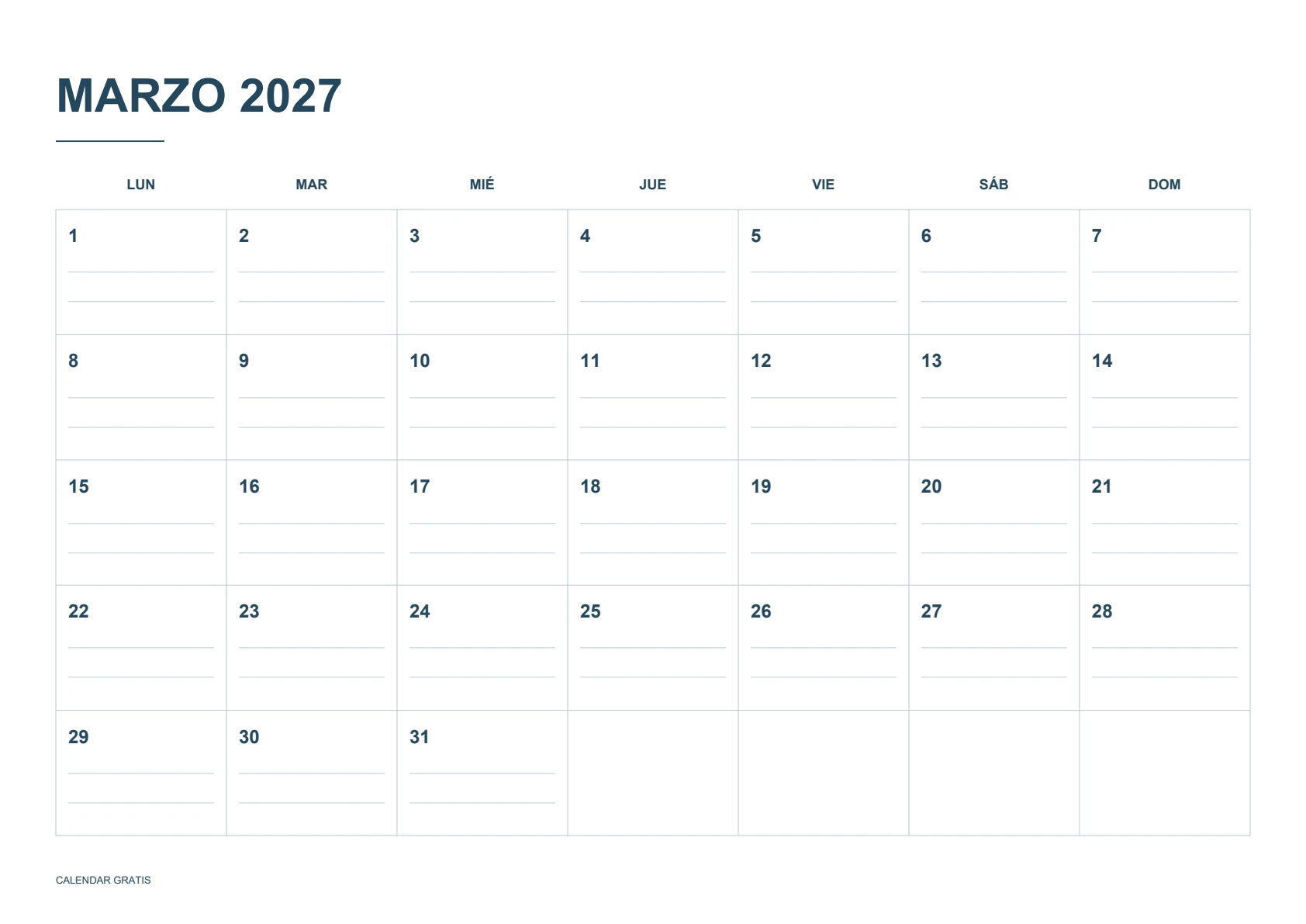 Calendario de marzo de 2027, casillas con líneas, azul marino, A4 horizontal, inicio en lunes.