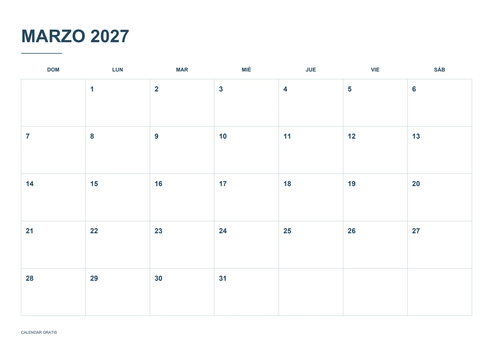 Calendario de marzo de 2027, cuadrícula clásica, azul marino, A4 horizontal, inicio en domingo.