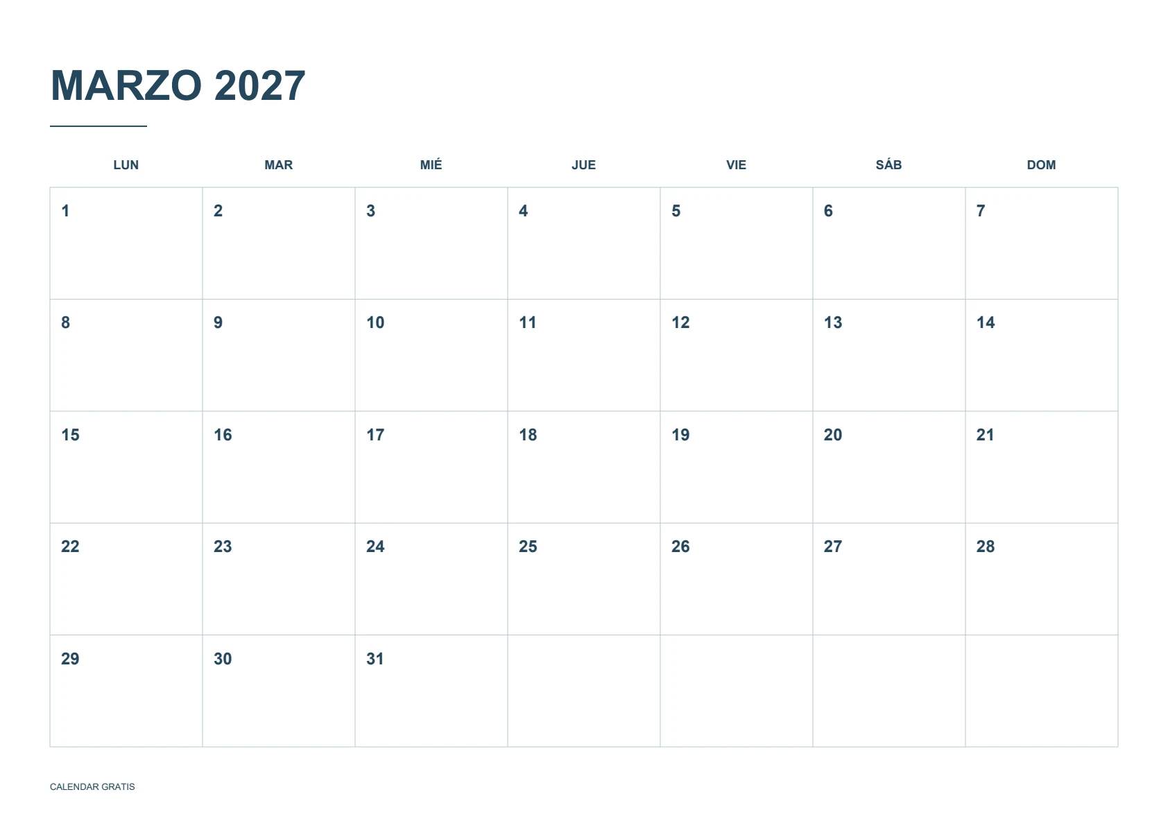 Calendario de marzo 2027 para imprimir