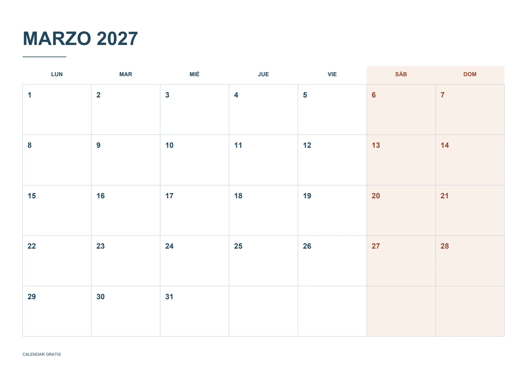 Calendario de marzo de 2027, fines de semana destacados, azul marino con fines de semana en terracota, A4 horizontal, inicio en lunes.