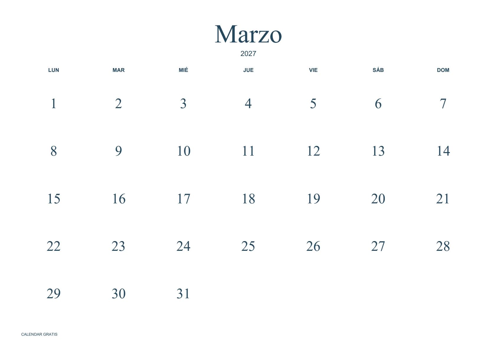 Calendario de marzo de 2027, minimalista sin bordes, azul marino, A4 horizontal, inicio en lunes.