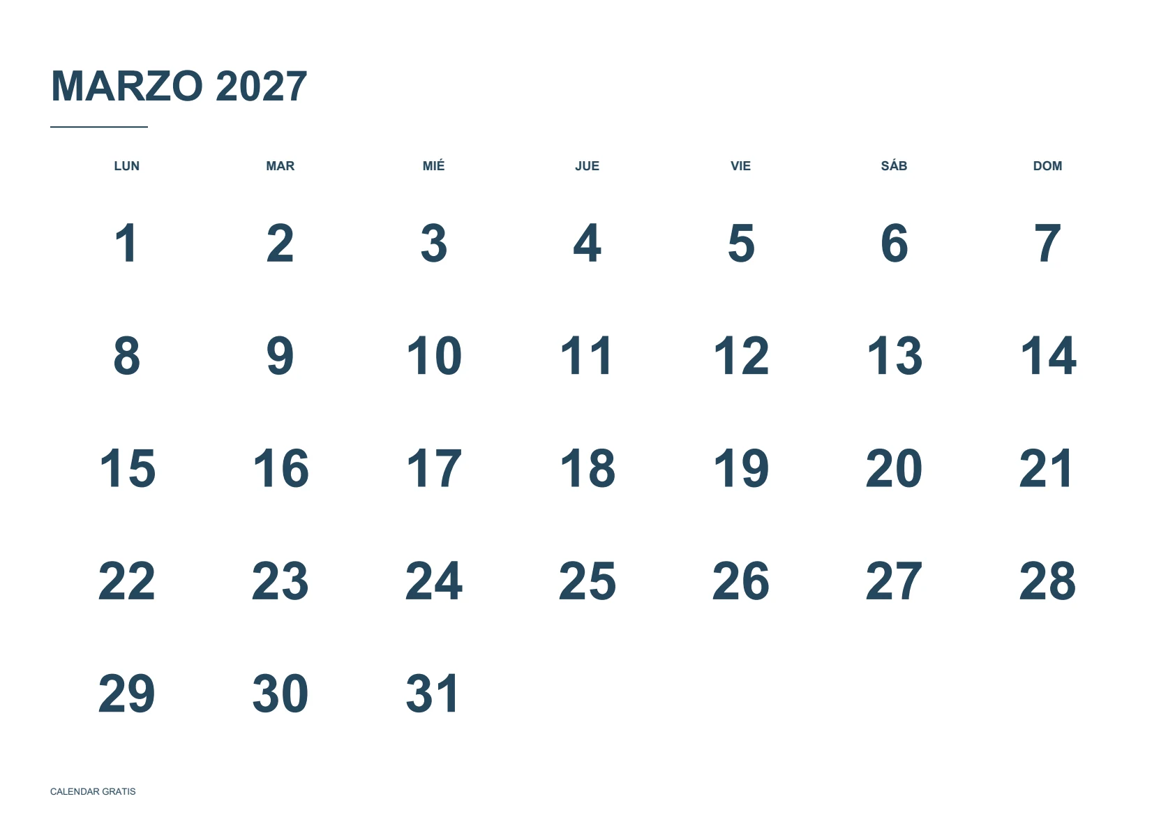 Calendario de marzo de 2027, números grandes, azul marino, A4 horizontal, inicio en lunes.