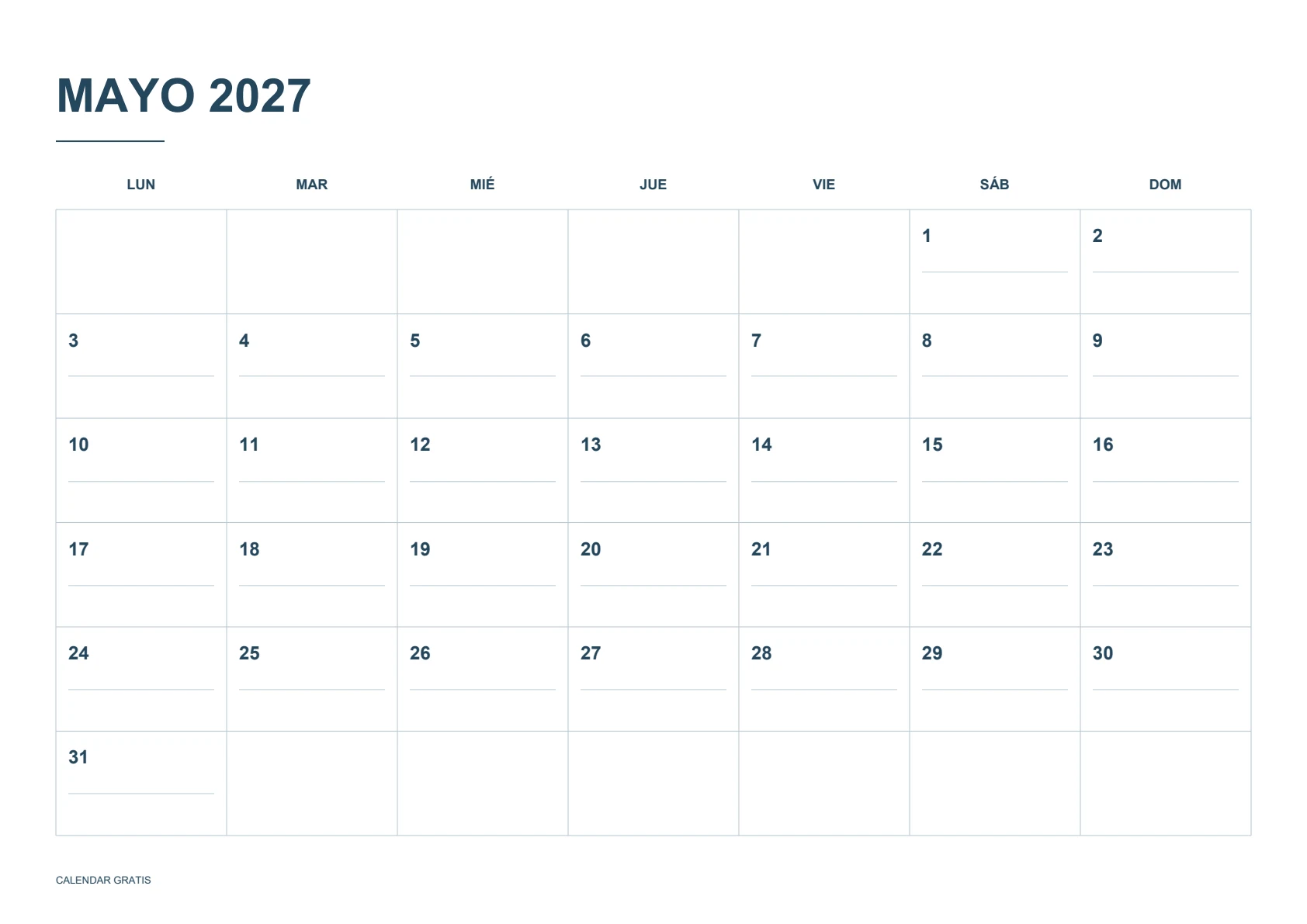 Calendario de mayo de 2027, casillas con líneas, azul marino, A4 horizontal, inicio en lunes.