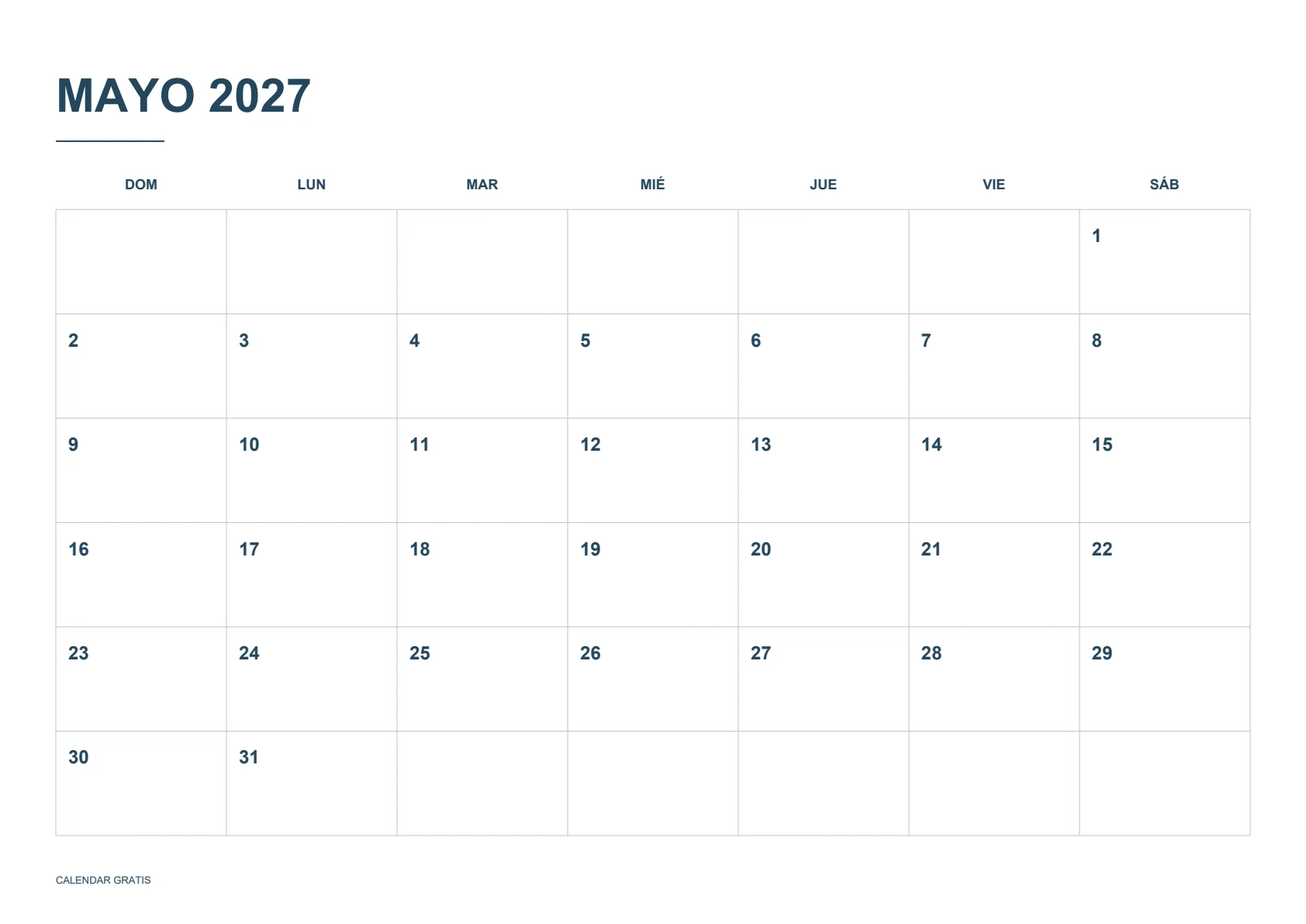 Calendario de mayo de 2027, cuadrícula clásica, azul marino, A4 horizontal, inicio en domingo.