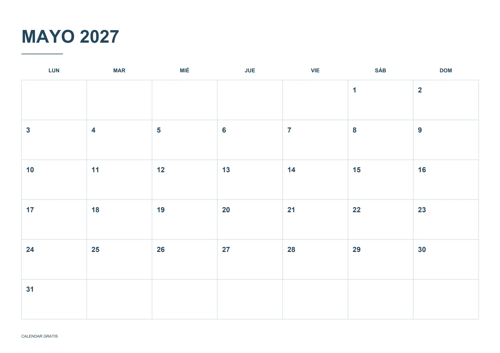 Calendario de mayo de 2027, cuadrícula clásica, azul marino, A4 horizontal, inicio en lunes.