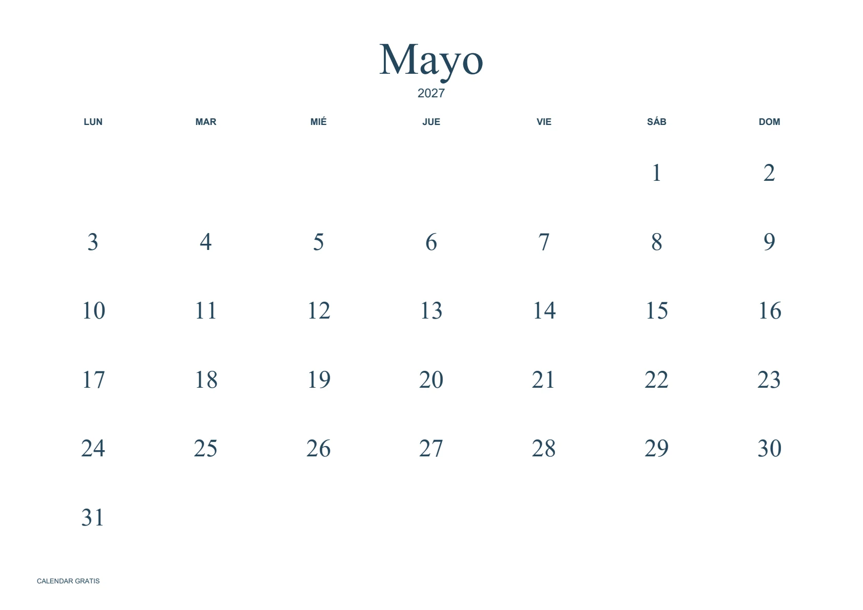 Calendario de mayo de 2027, minimalista sin bordes, azul marino, A4 horizontal, inicio en lunes.