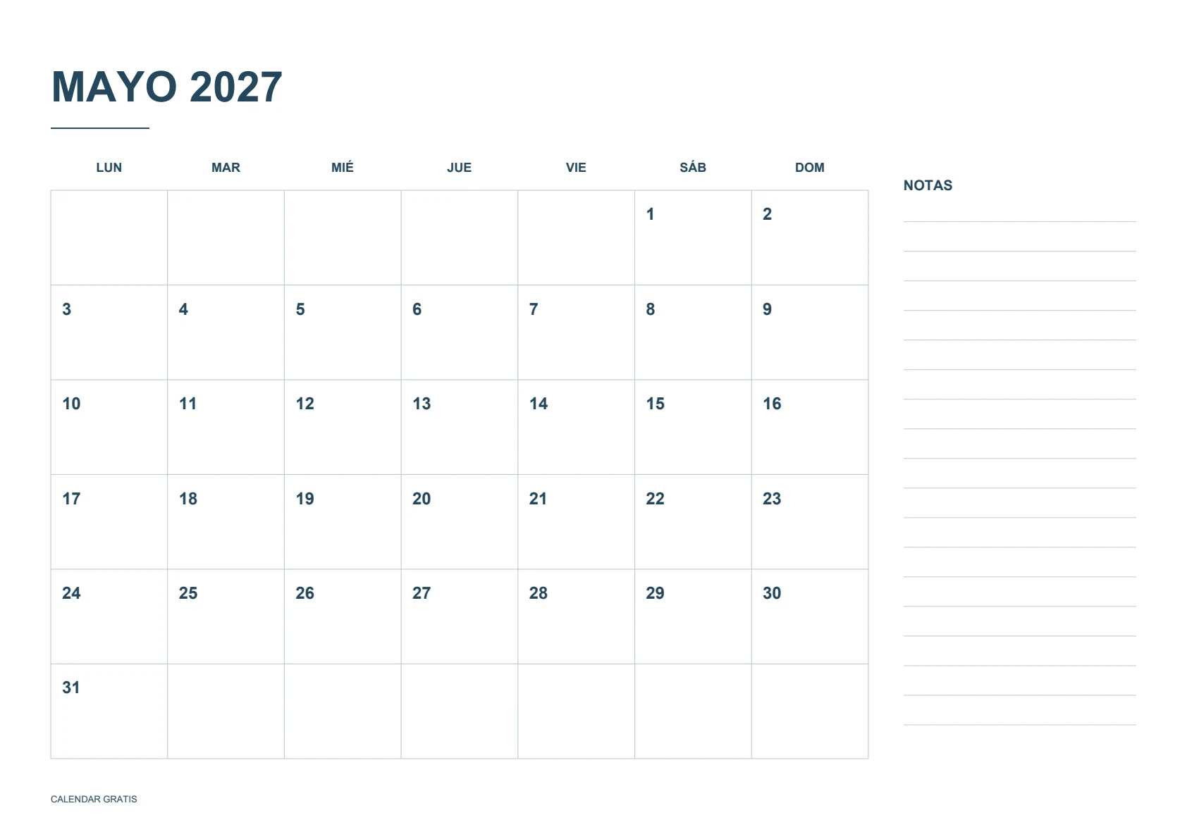 Calendario de mayo de 2027, calendario con notas, azul marino, A4 horizontal, inicio en lunes.