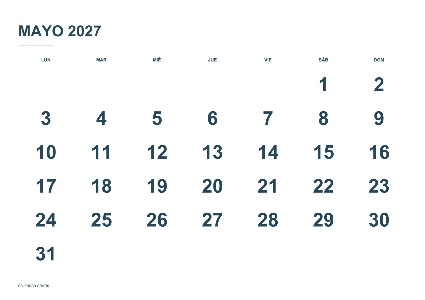 Calendario de mayo de 2027, números grandes, azul marino, A4 horizontal, inicio en lunes.