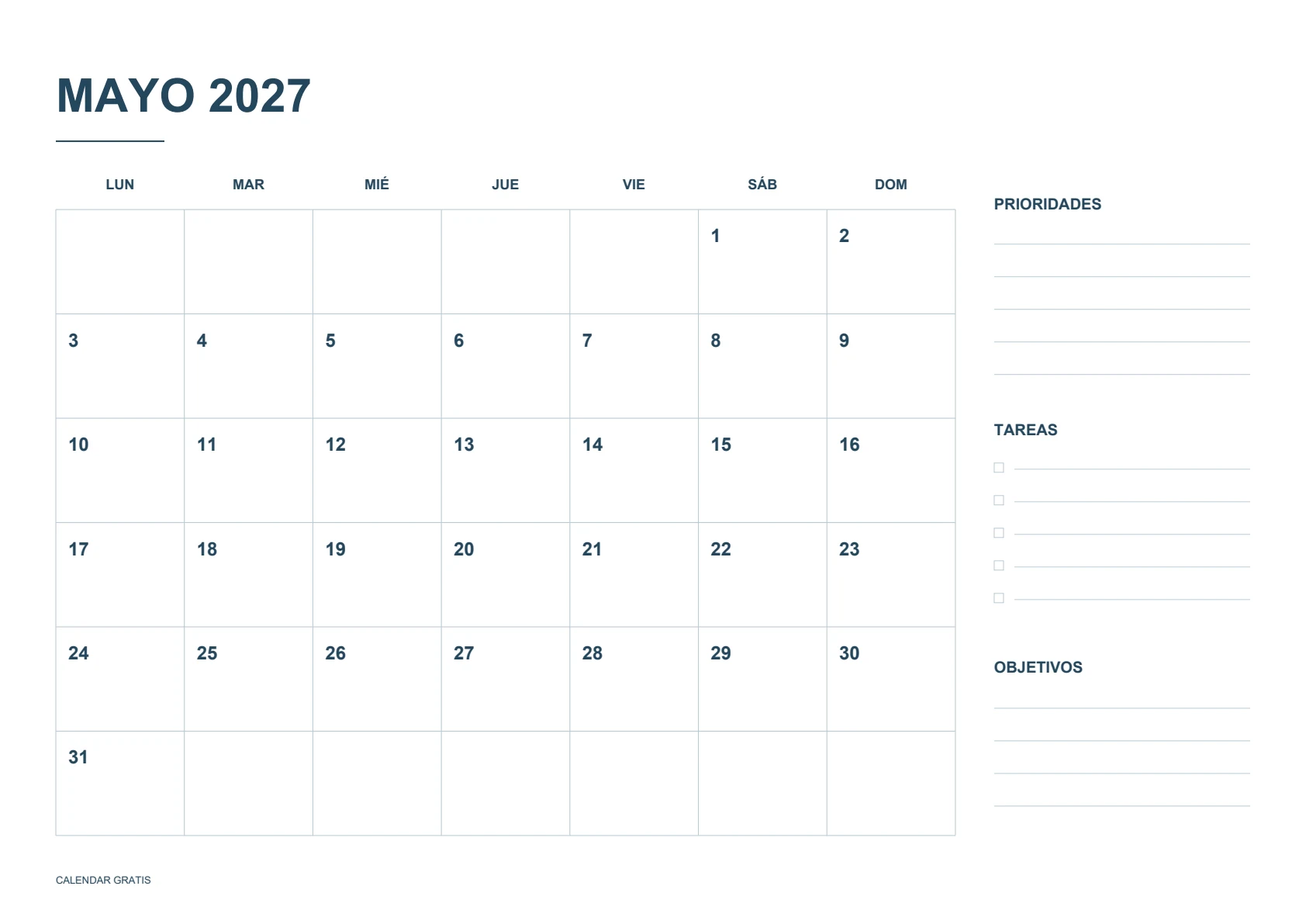 Calendario de mayo de 2027, planificador mensual, azul marino, A4 horizontal, inicio en lunes.