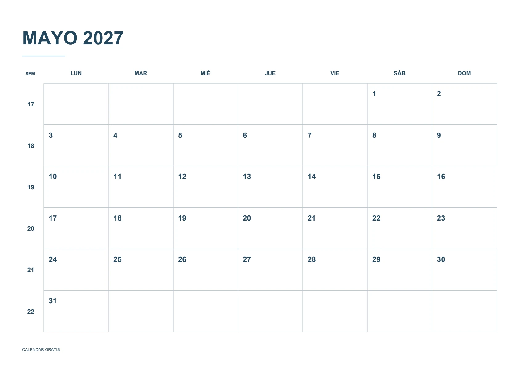 Calendario de mayo de 2027, calendario con semanas numeradas, azul marino, A4 horizontal, inicio en lunes.