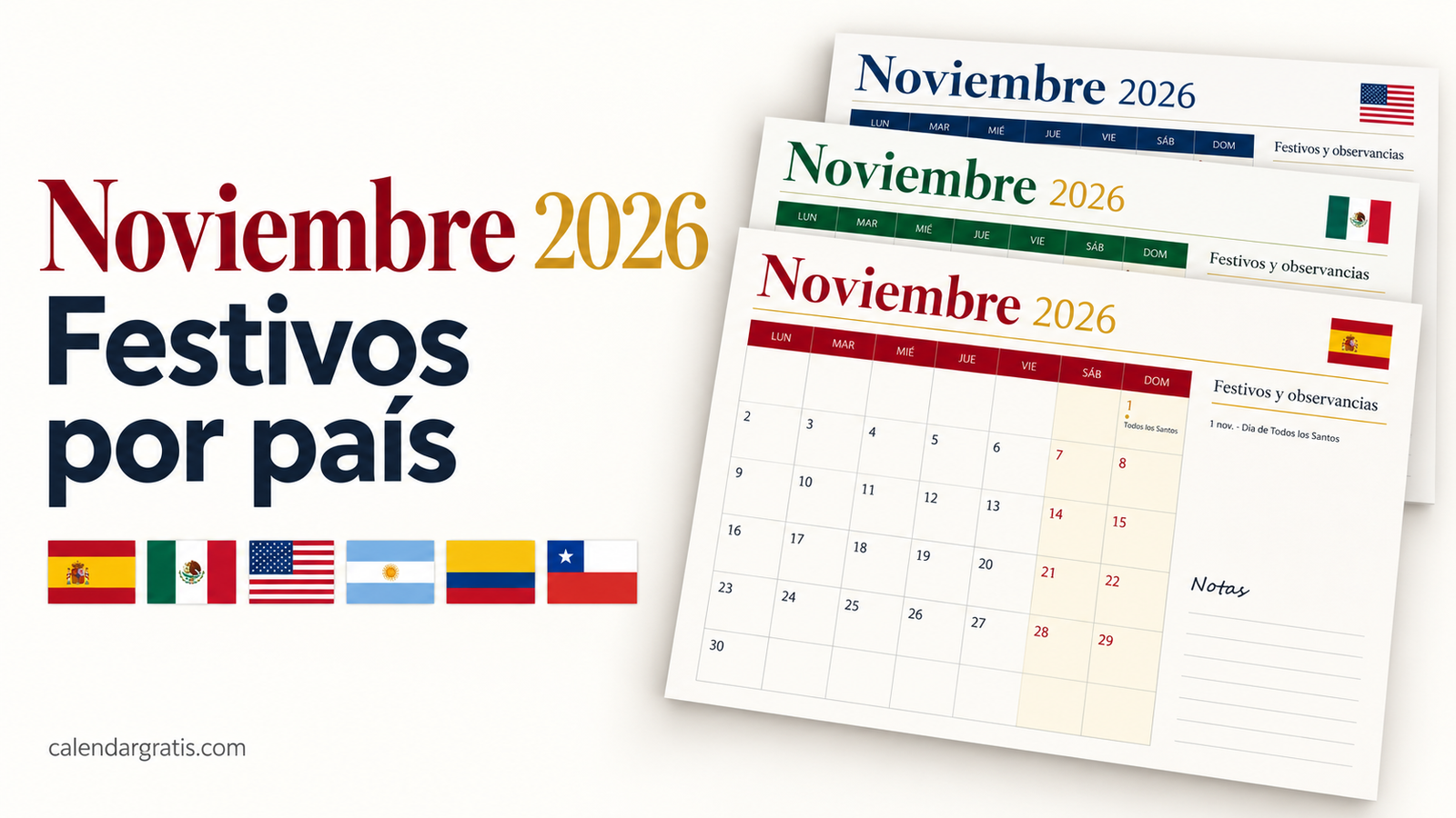 Calendarios de noviembre de 2026 con festivos por país, con banderas de España, México, Estados Unidos, Argentina, Colombia y Chile.