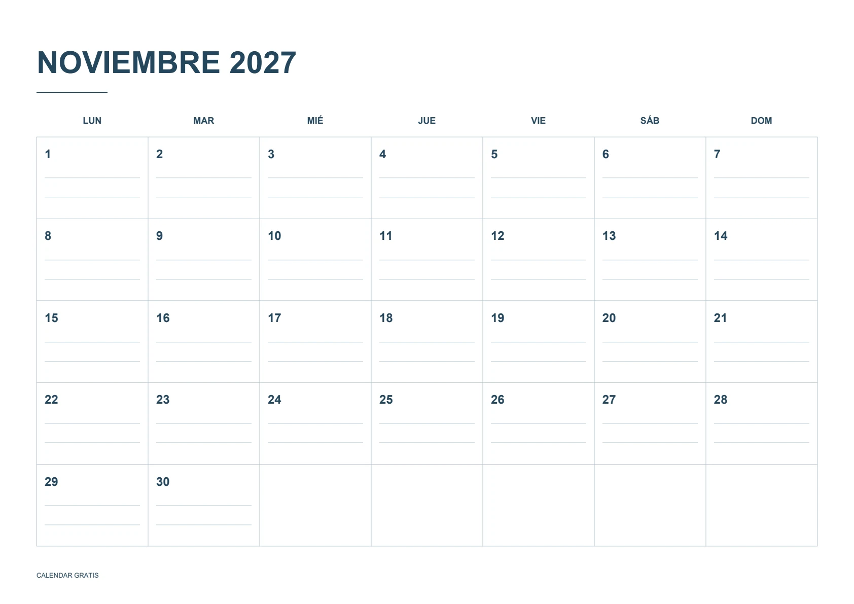 Calendario de noviembre de 2027, casillas con líneas, azul marino, A4 horizontal, inicio en lunes.
