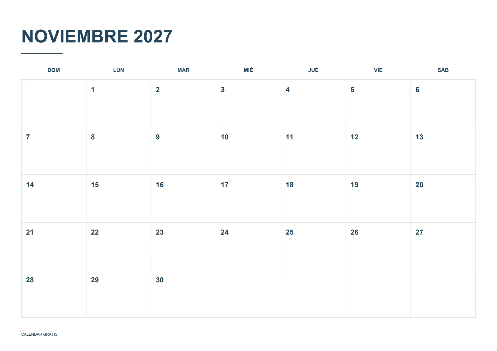 Calendario de noviembre de 2027, cuadrícula clásica, azul marino, A4 horizontal, inicio en domingo.