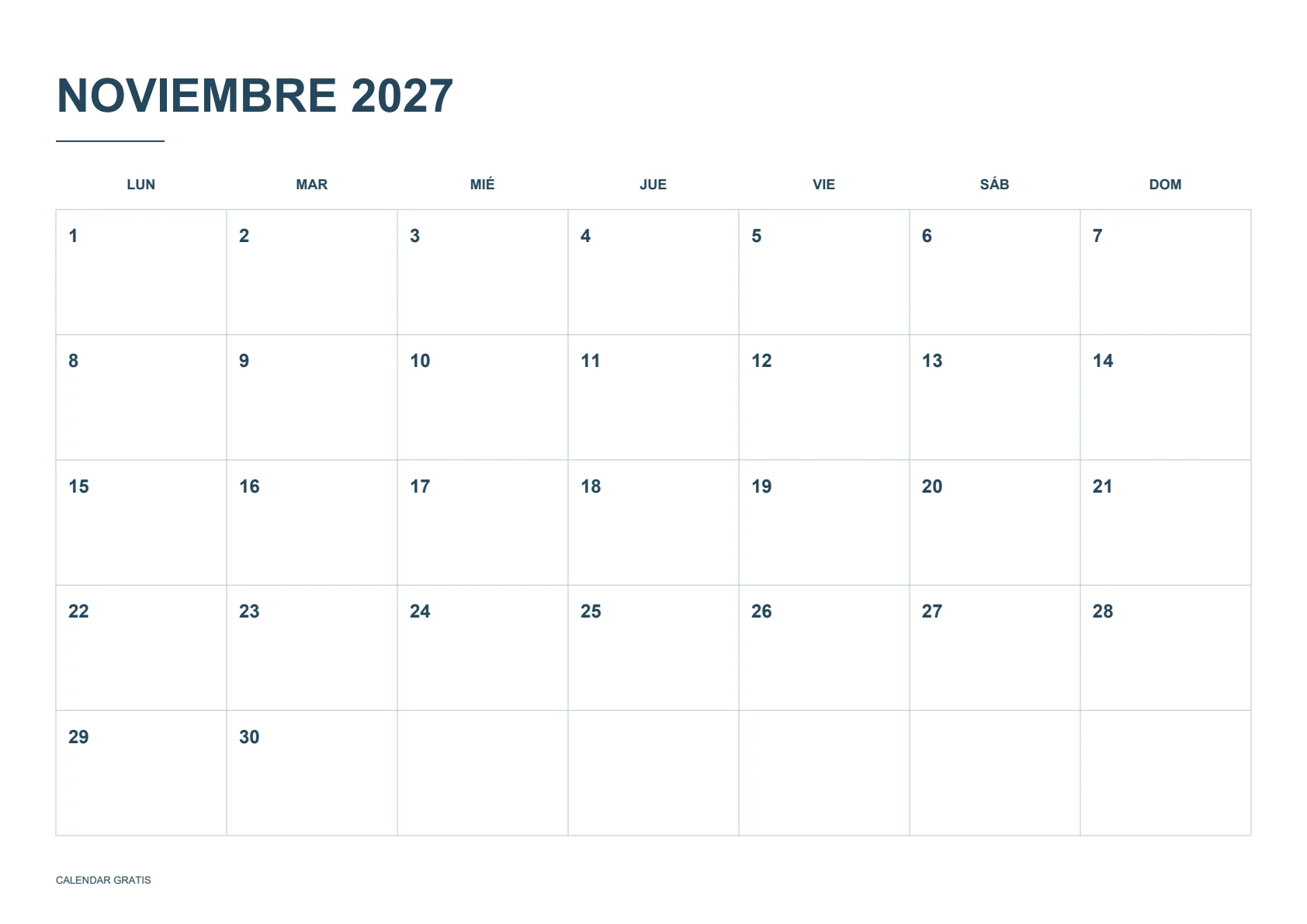 Calendario de noviembre de 2027, cuadrícula clásica, azul marino, A4 horizontal, inicio en lunes.