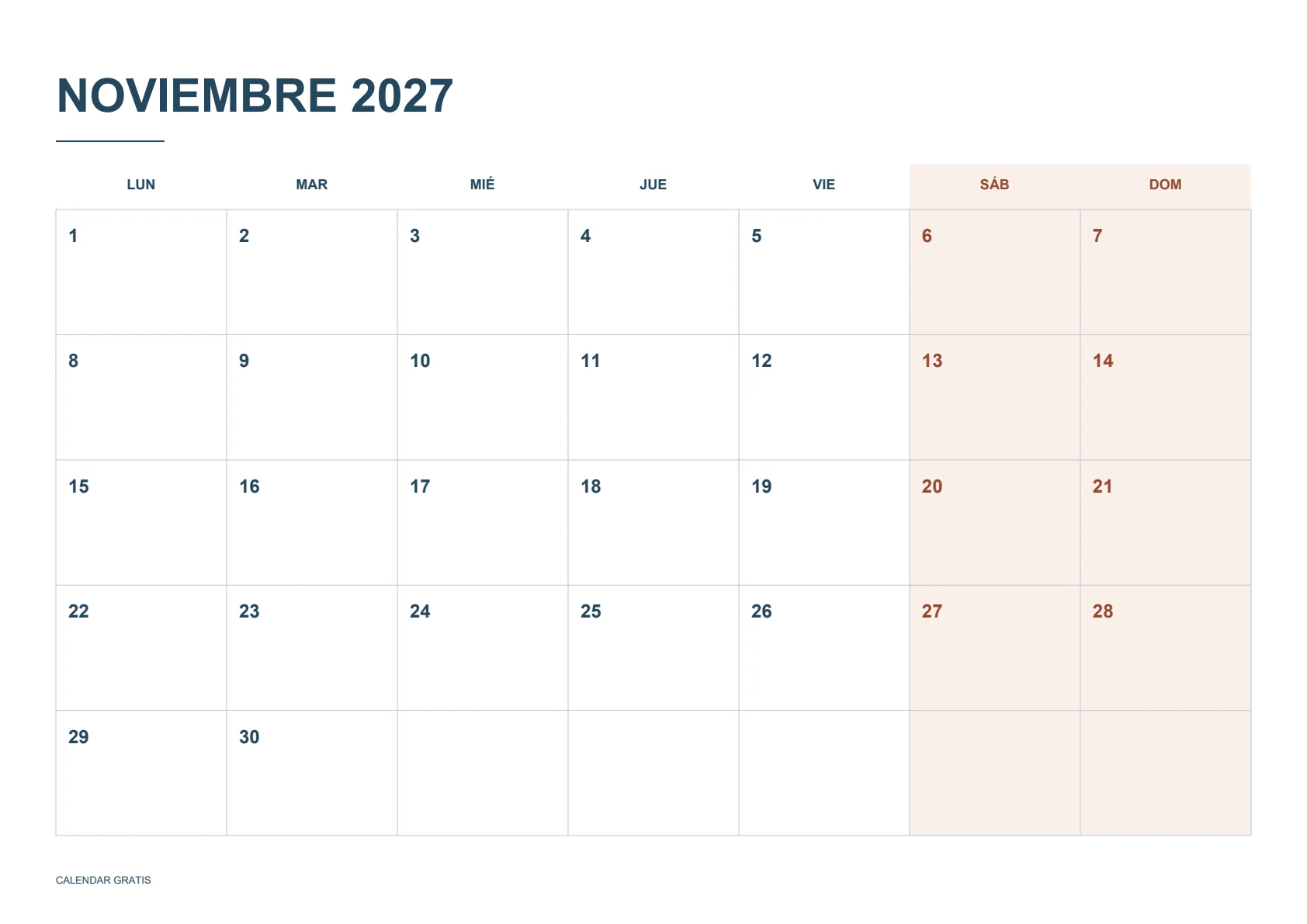 Calendario de noviembre de 2027, fines de semana destacados, azul marino con fines de semana en terracota, A4 horizontal, inicio en lunes.