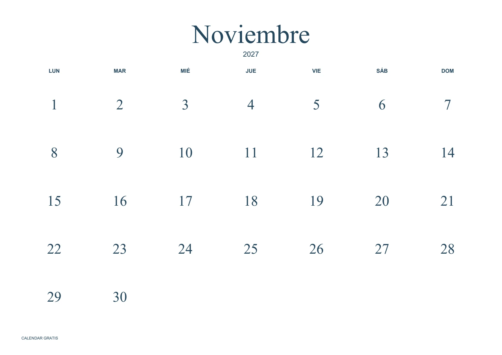 Calendario de noviembre de 2027, minimalista sin bordes, azul marino, A4 horizontal, inicio en lunes.