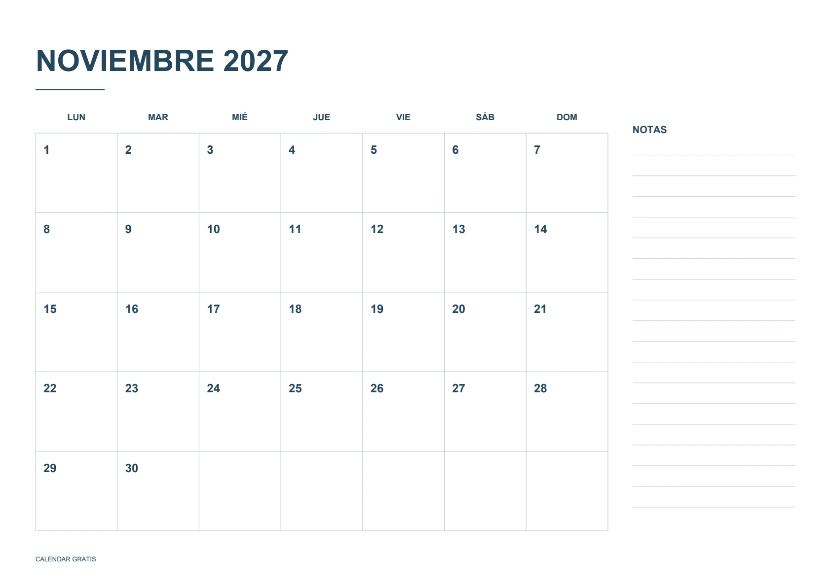 Calendario de noviembre de 2027, calendario con notas, azul marino, A4 horizontal, inicio en lunes.