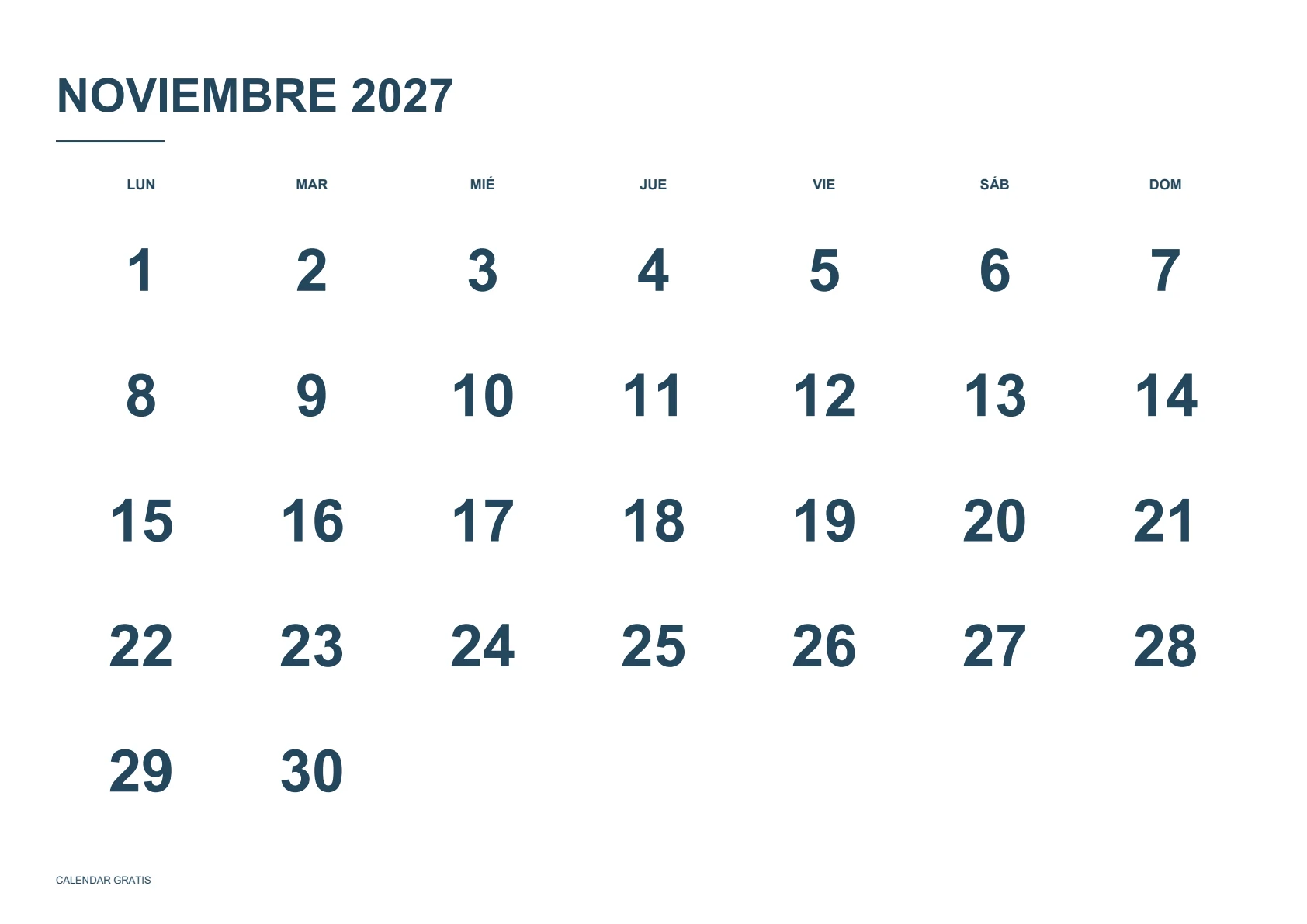 Calendario de noviembre de 2027, números grandes, azul marino, A4 horizontal, inicio en lunes.