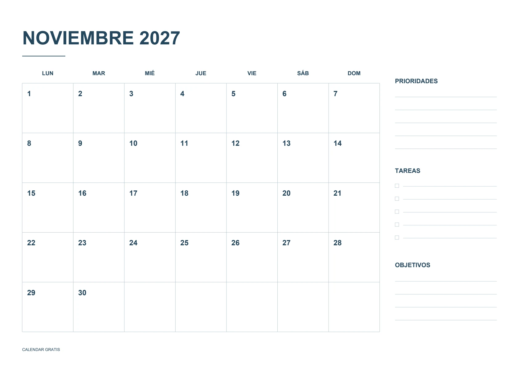 Calendario de noviembre de 2027, planificador mensual, azul marino, A4 horizontal, inicio en lunes.