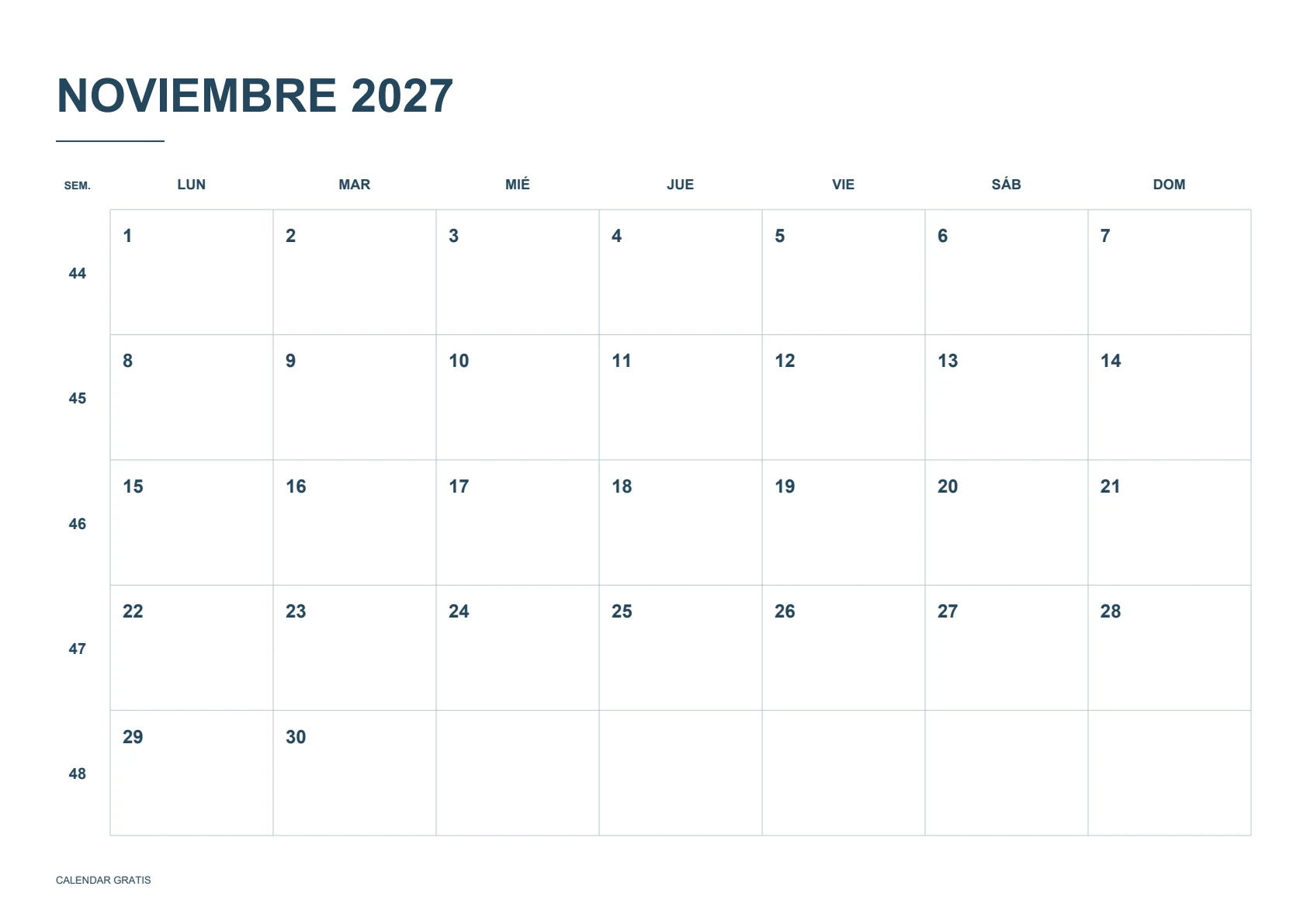 Calendario de noviembre de 2027, calendario con semanas numeradas, azul marino, A4 horizontal, inicio en lunes.