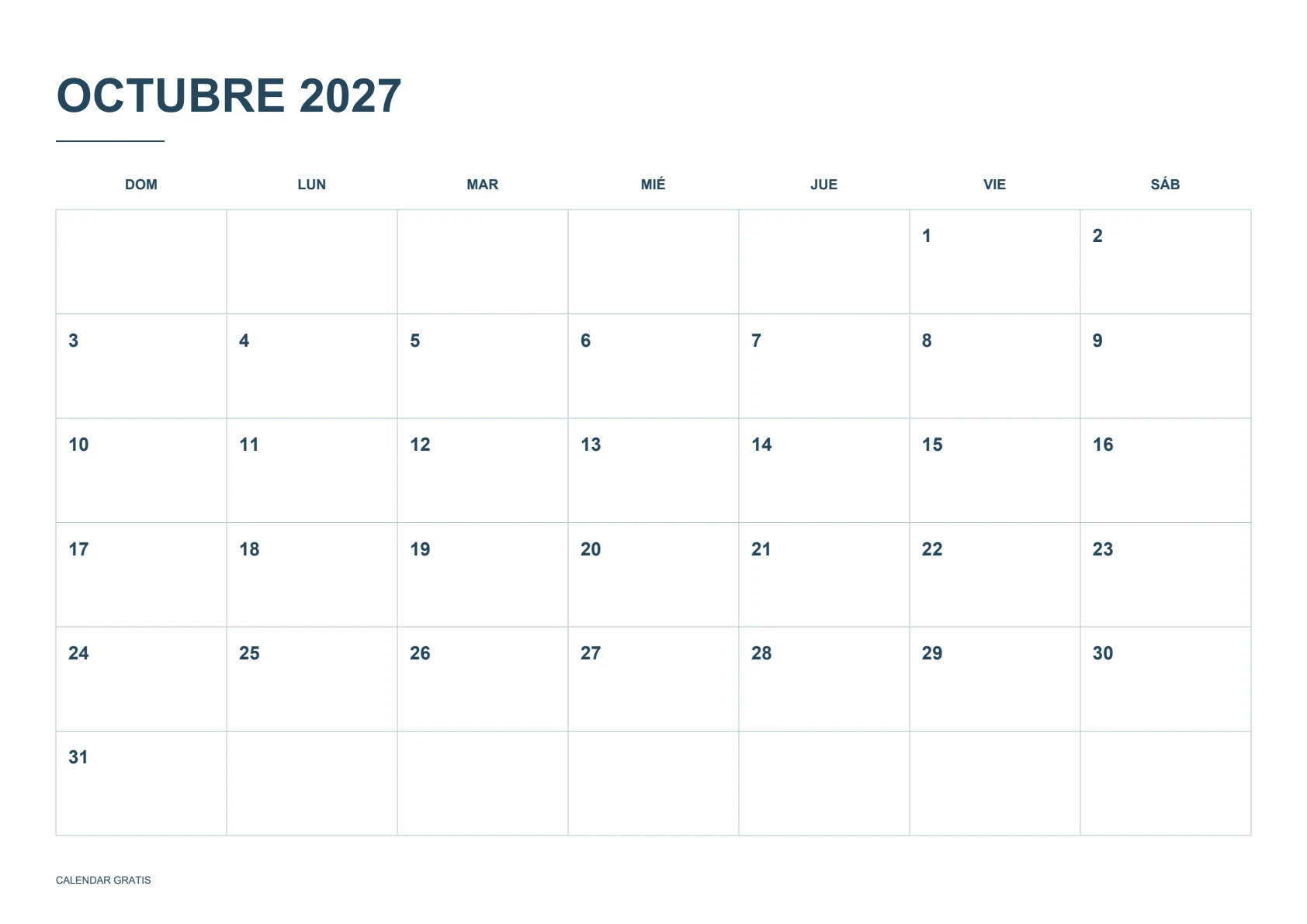 Calendario de octubre de 2027, cuadrícula clásica, azul marino, A4 horizontal, inicio en domingo.