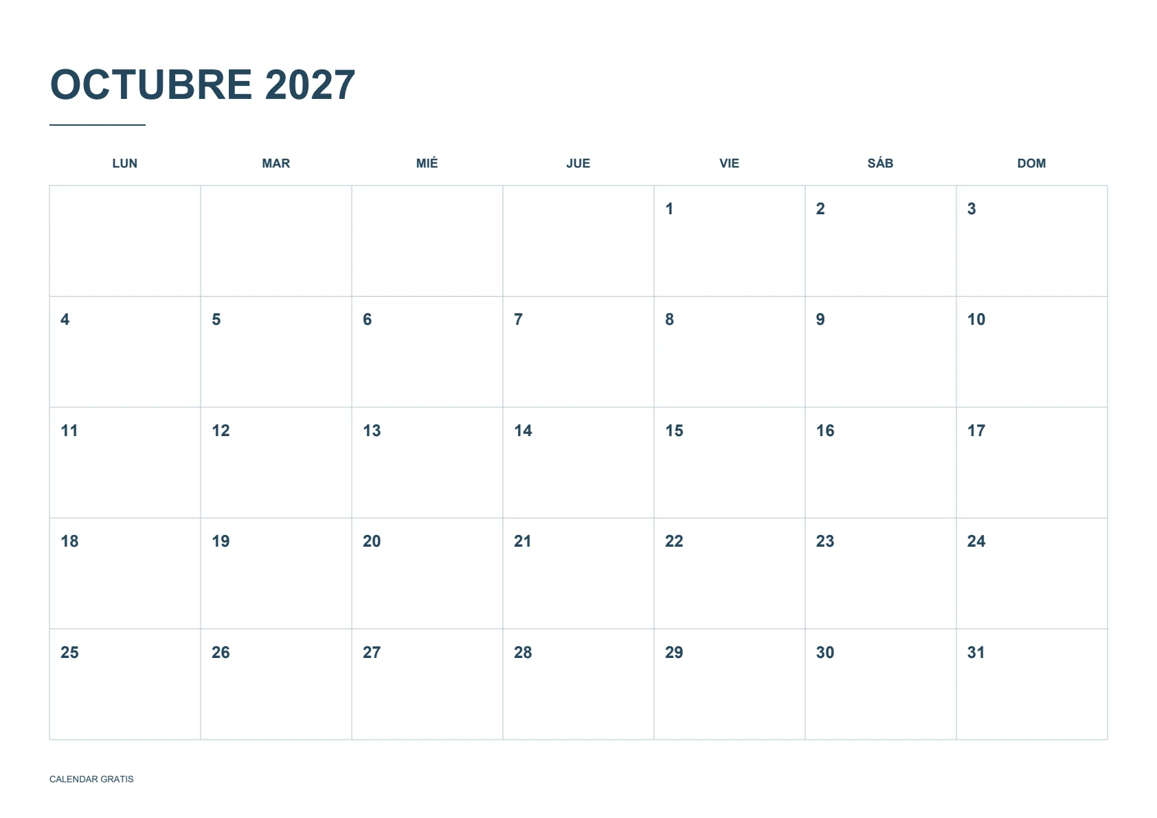 Calendario de octubre de 2027, cuadrícula clásica, azul marino, A4 horizontal, inicio en lunes.