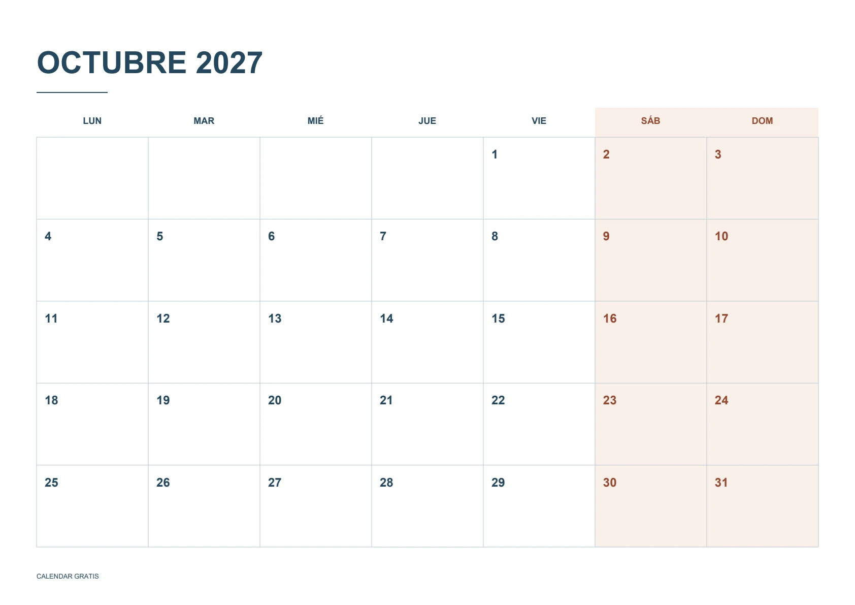 Calendario de octubre de 2027, fines de semana destacados, azul marino con fines de semana en terracota, A4 horizontal, inicio en lunes.
