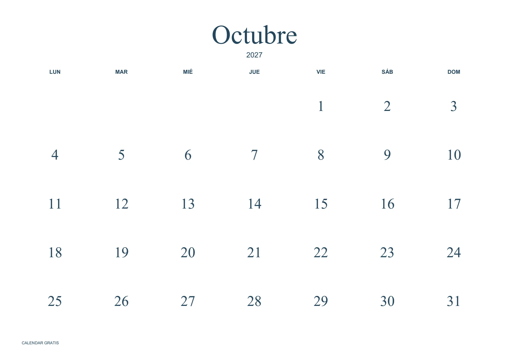 Calendario de octubre de 2027, minimalista sin bordes, azul marino, A4 horizontal, inicio en lunes.