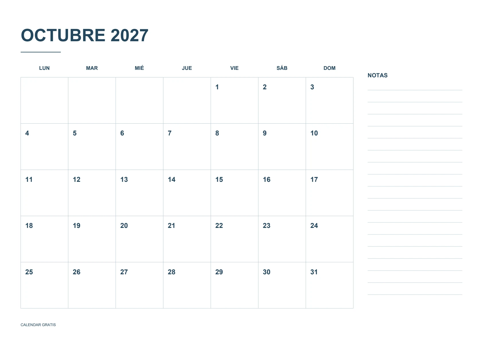 Calendario de octubre de 2027, calendario con notas, azul marino, A4 horizontal, inicio en lunes.