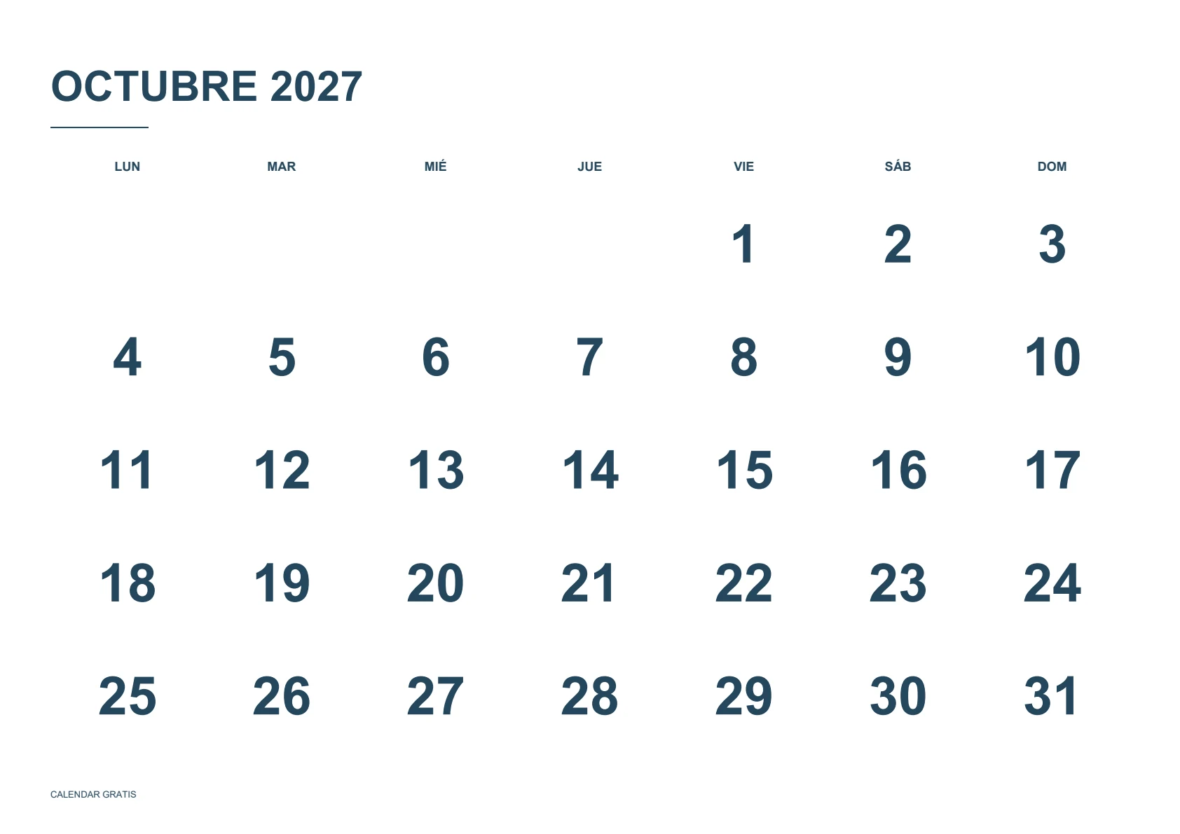 Calendario de octubre de 2027, números grandes, azul marino, A4 horizontal, inicio en lunes.