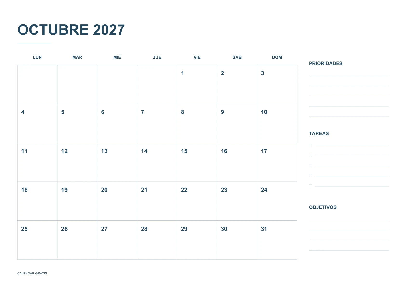 Calendario de octubre de 2027, planificador mensual, azul marino, A4 horizontal, inicio en lunes.