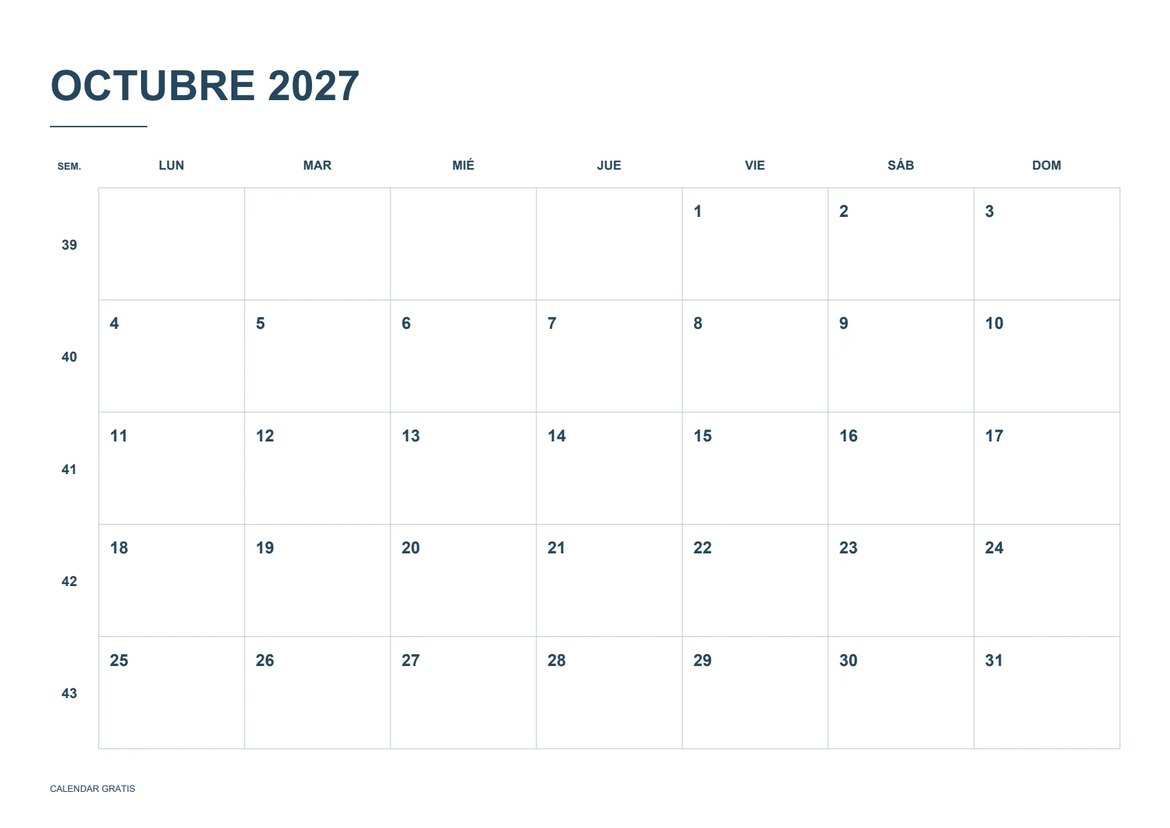 Calendario de octubre de 2027, calendario con semanas numeradas, azul marino, A4 horizontal, inicio en lunes.