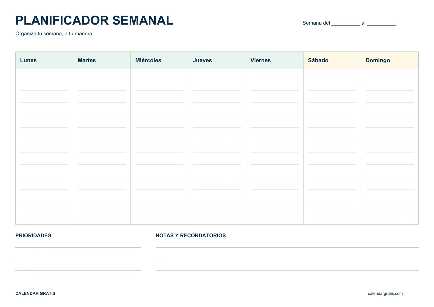 Planificador semanal con notas y prioridades de lunes a domingo