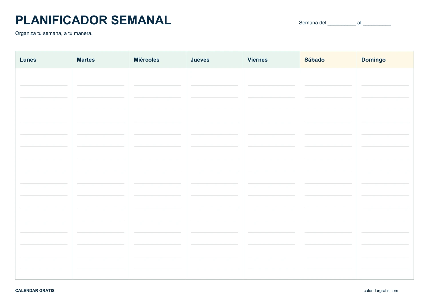 Planificador semanal sencillo de lunes a domingo